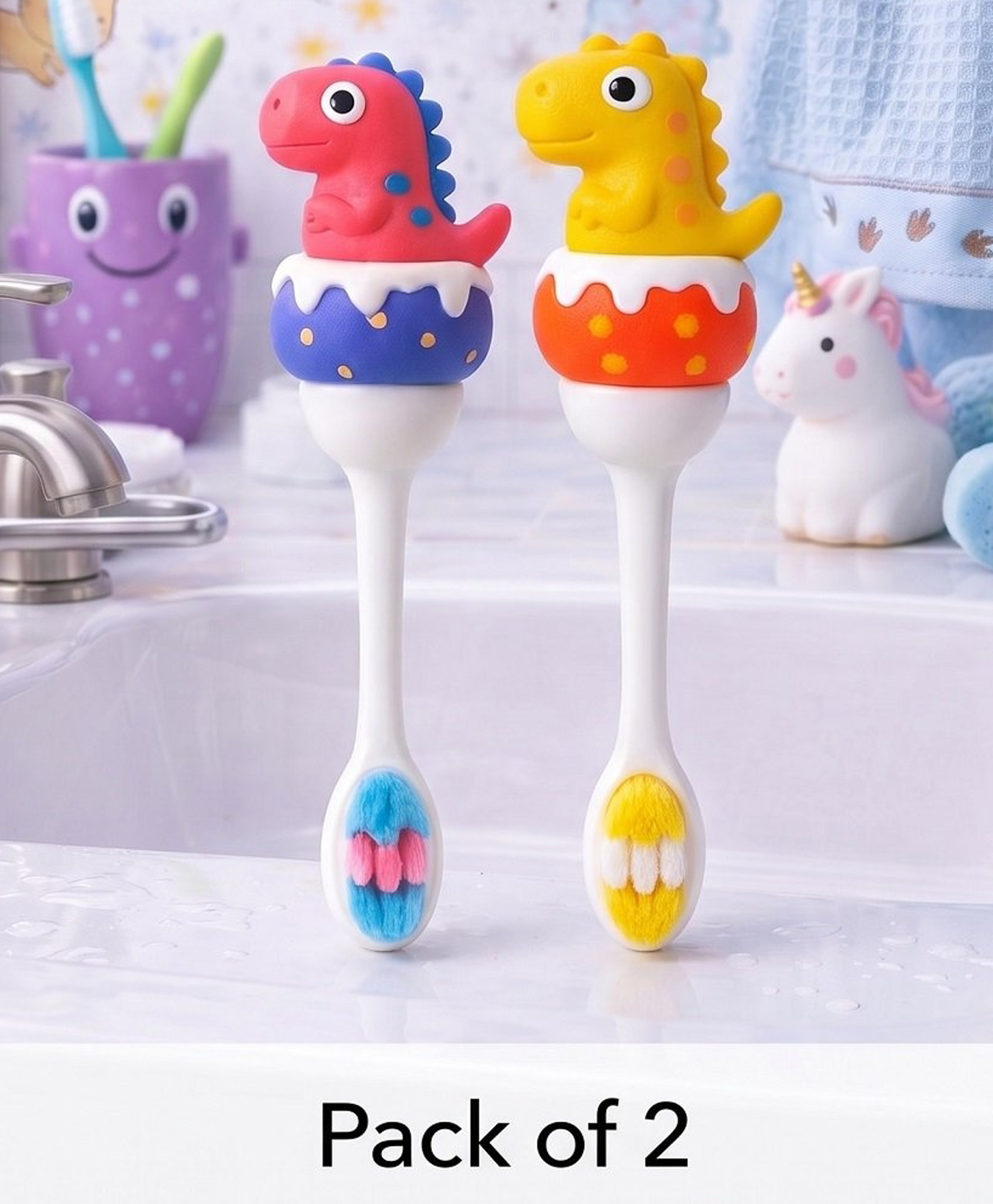 Ortis Kids Toothbrush with Soft Silicone Head - (Pack of 2) Pink & Yellow-picture-16