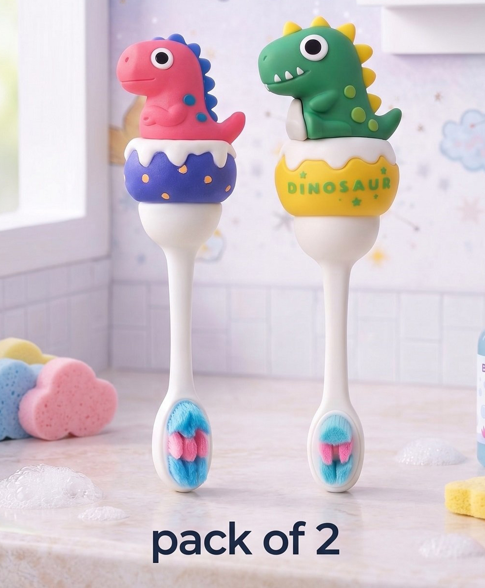 Ortis Kids Toothbrush with Soft Silicone Head - (Pack of 2) Pink & Green-picture-2