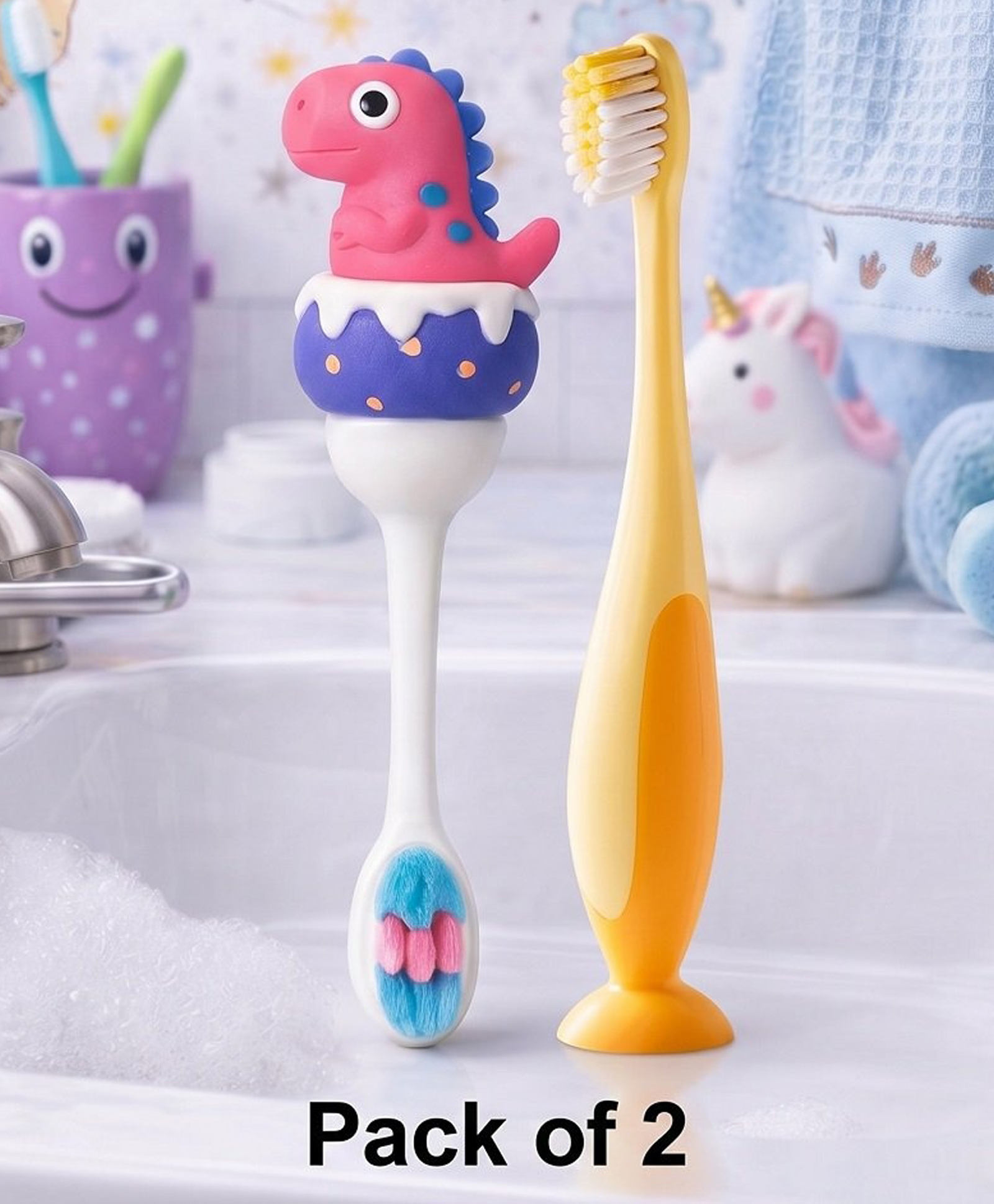 Ortis Kids Toothbrush with Soft Silicone Head - (Pack of 2) Pink & Yellow-image-48