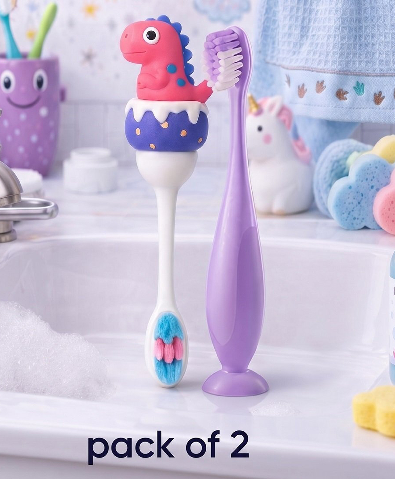 Ortis Kids Toothbrush with Soft Silicone Head - (Pack of 2) Pink & Purple-image-47