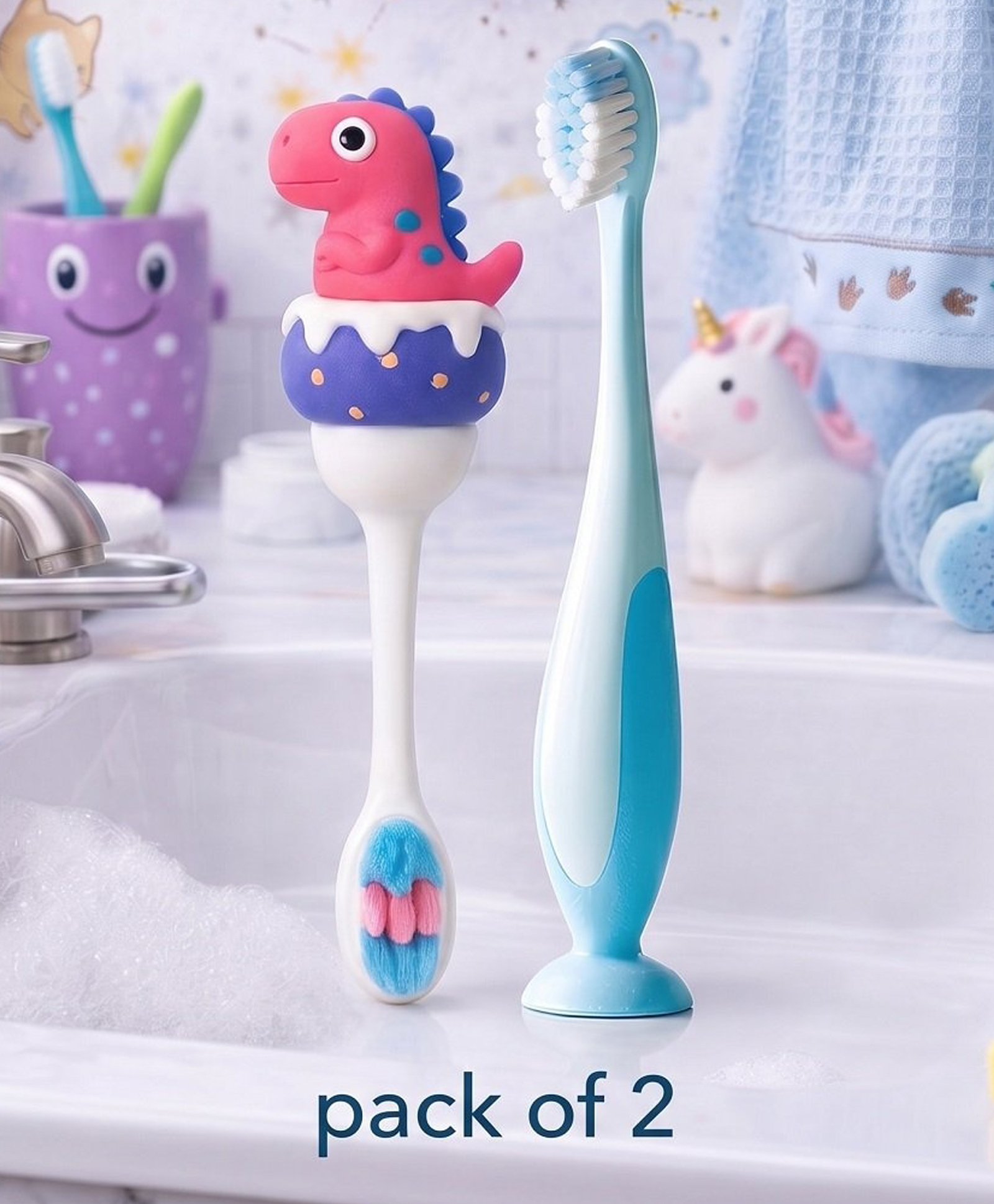 Ortis Kids Toothbrush with Soft Silicone Head - (Pack of 2) Pink & Blue-image-46