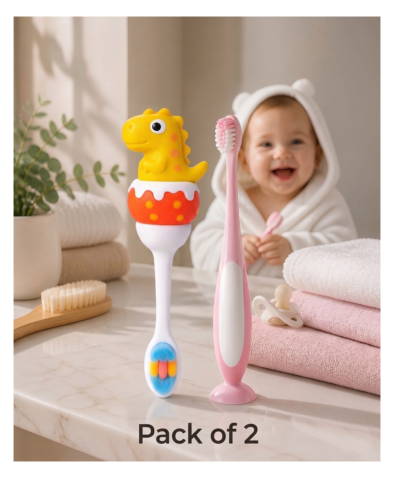 Ortis Kids Toothbrush with Soft Silicone Head - (Pack of 2) Yellow & Pink-image-38