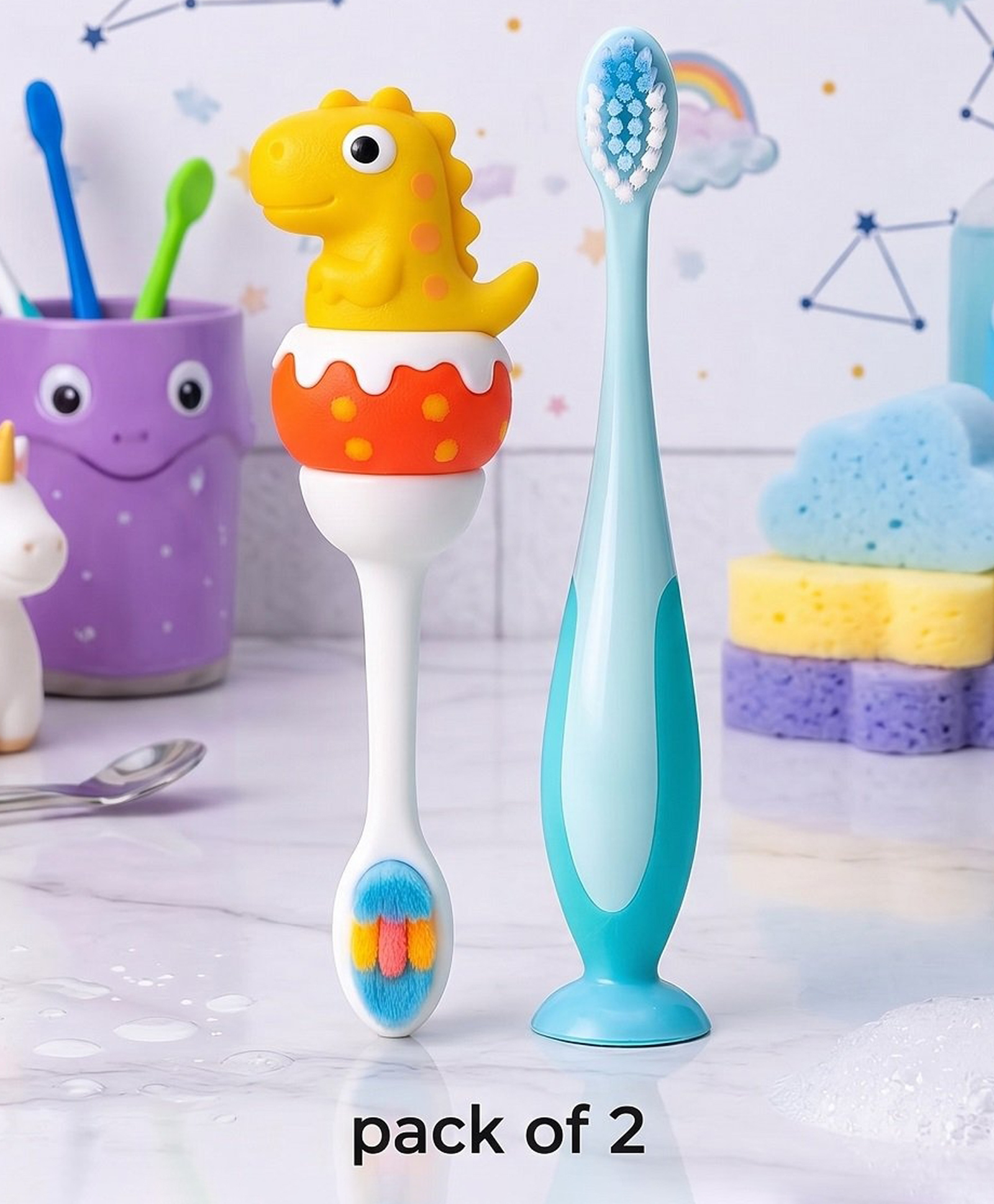 Ortis Kids Toothbrush with Soft Silicone Head - (Pack of 2) Yellow & Blue-image-35