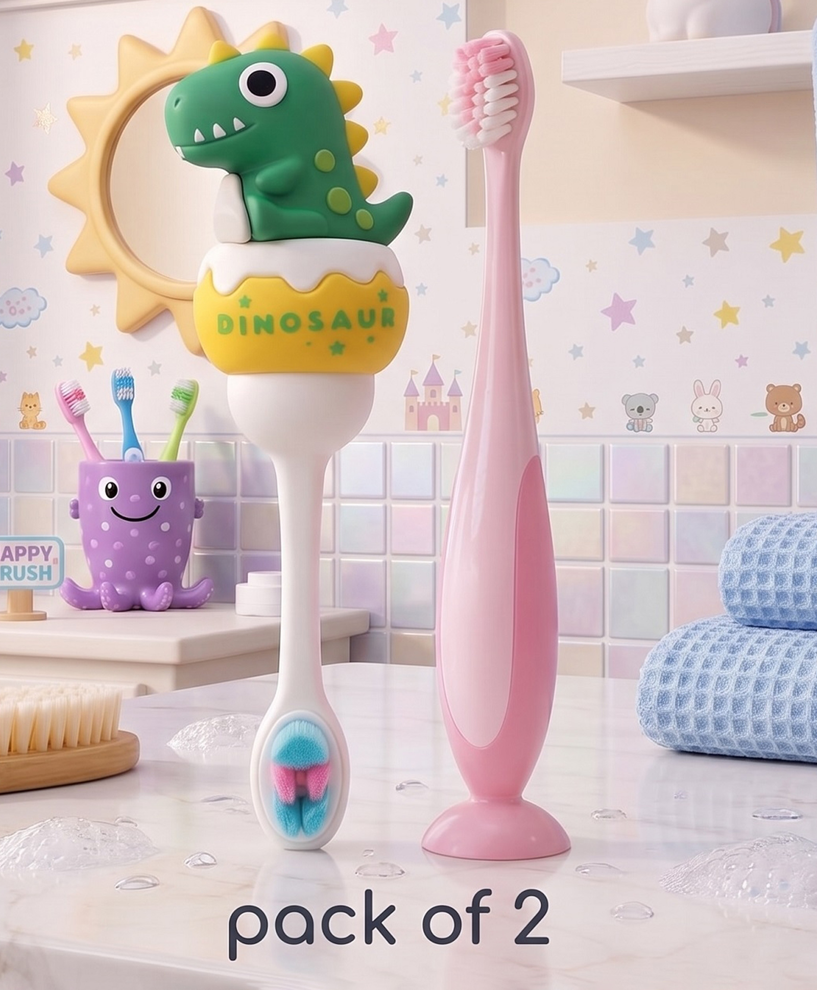 Ortis Kids Toothbrush with Soft Silicone Head - (Pack of 2) Green & Pink-image-34