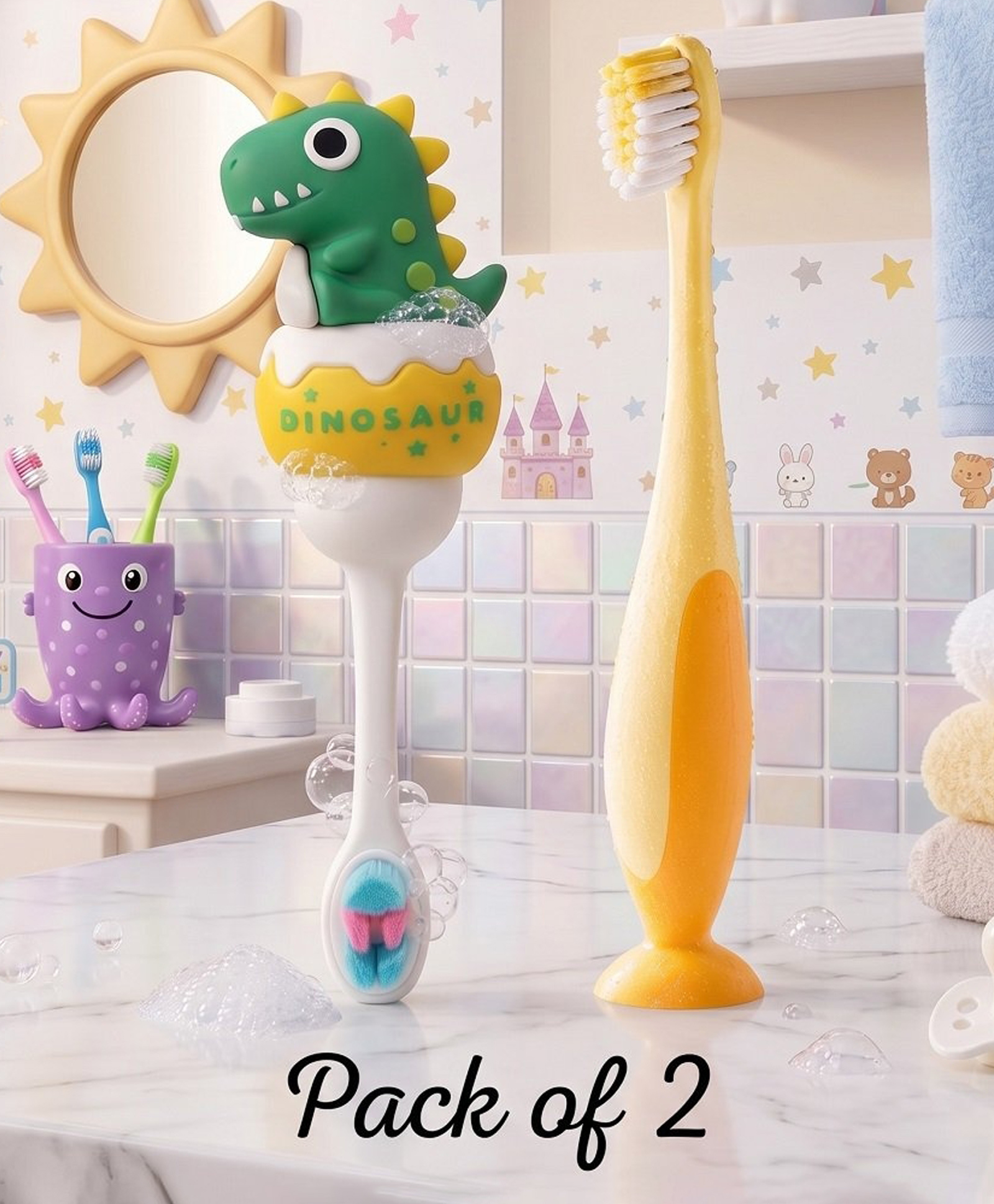 Ortis Kids Toothbrush with Soft Silicone Head - (Pack of 2) Green & Yellow-image-33