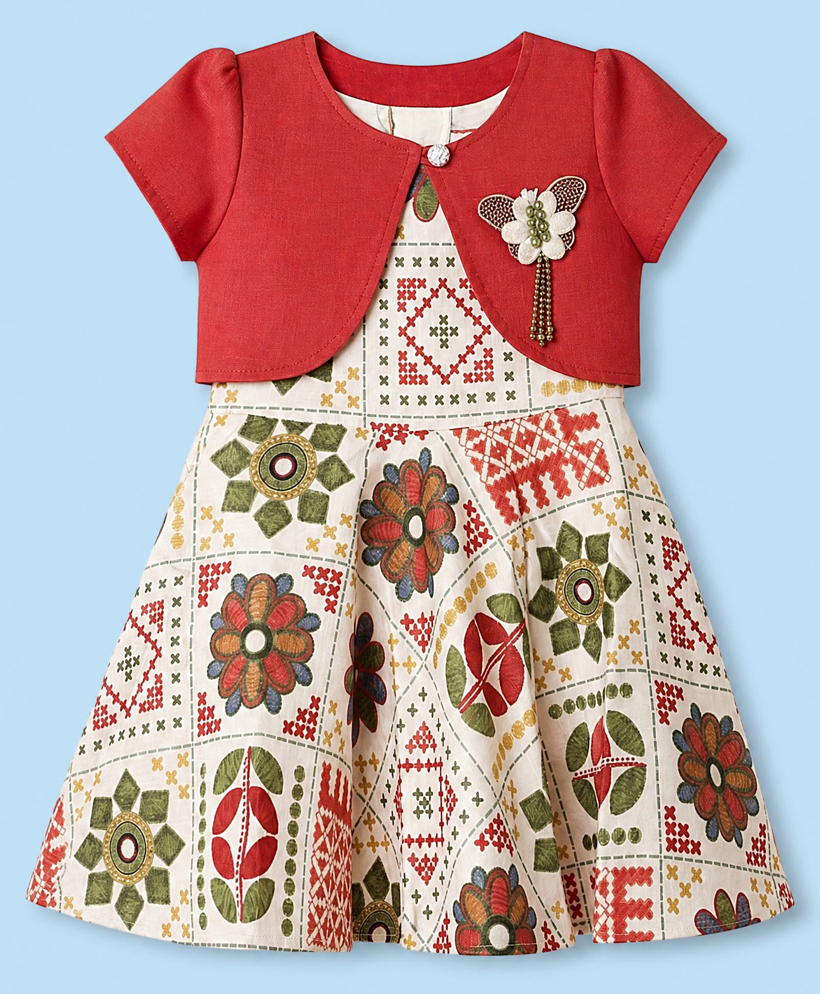 Enfance Cotton Woven Half Sleeves Frock with Shrug & Floral Print - Red-image-19