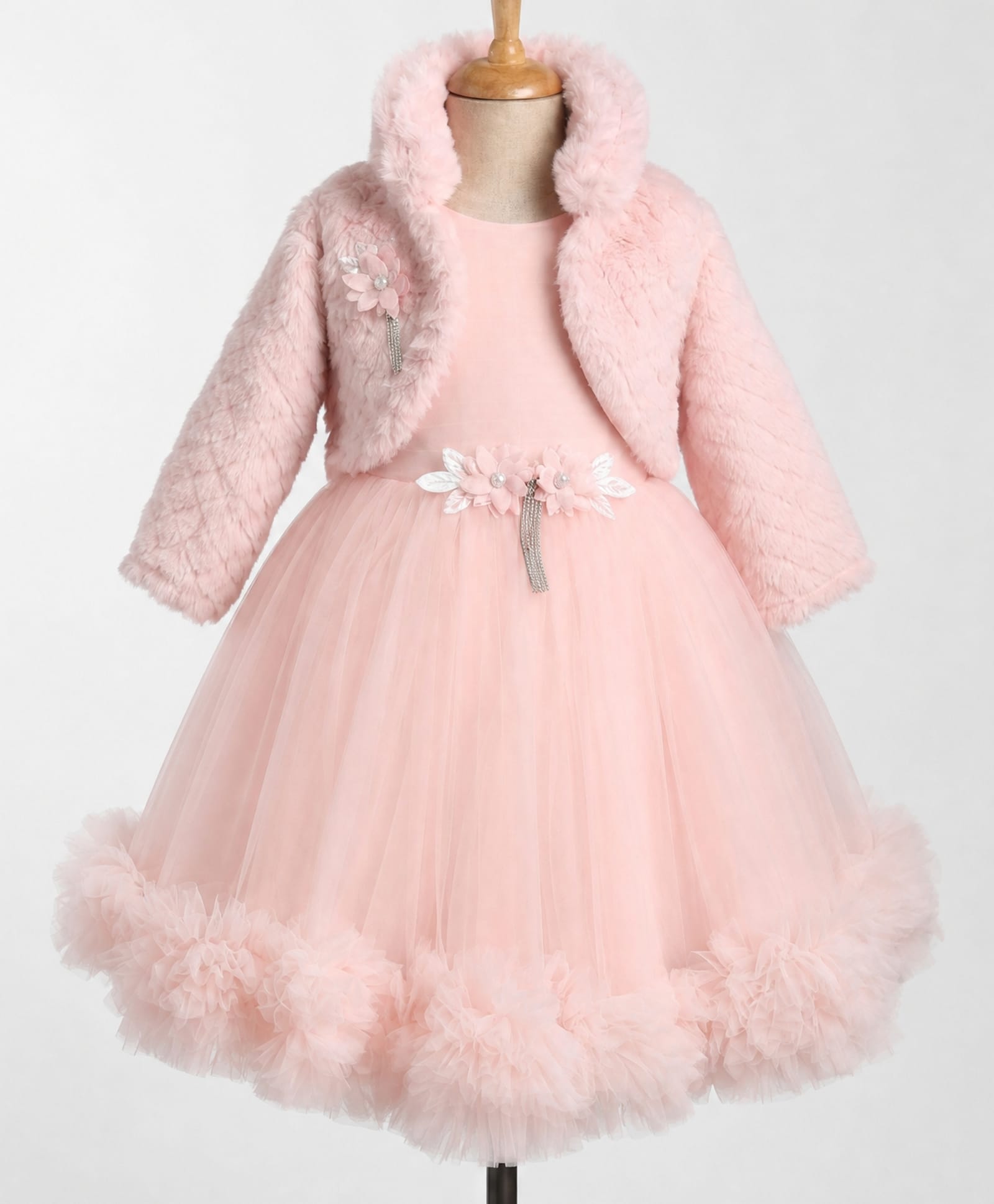 Enfance Net Knit Full Sleeves Frock With Fur Jacket & Floral Applique - Peach-picture-21