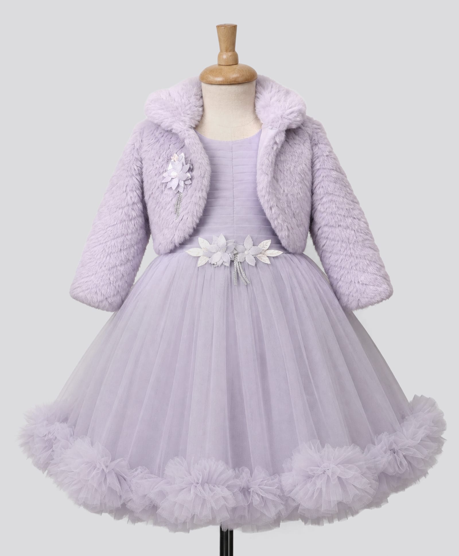 Enfance Net Knit Full Sleeves Frock With Fur Jacket & Floral Applique - Purple-image-34