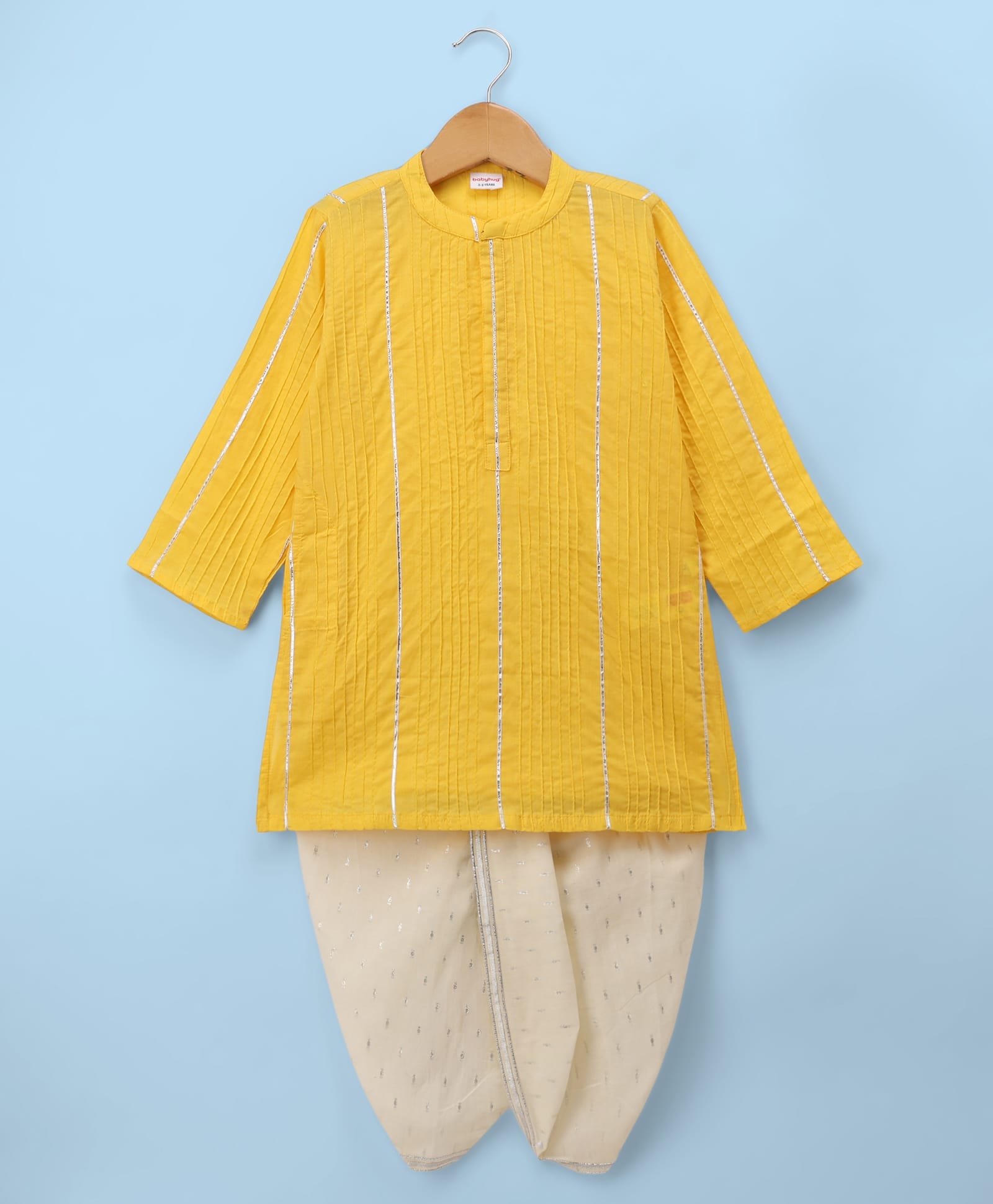 Babyhug Cotton Blend Woven Full Sleeves Embroidered Pintucked Dhoti Kurta Set With Lace Work - Yellow-picture-18