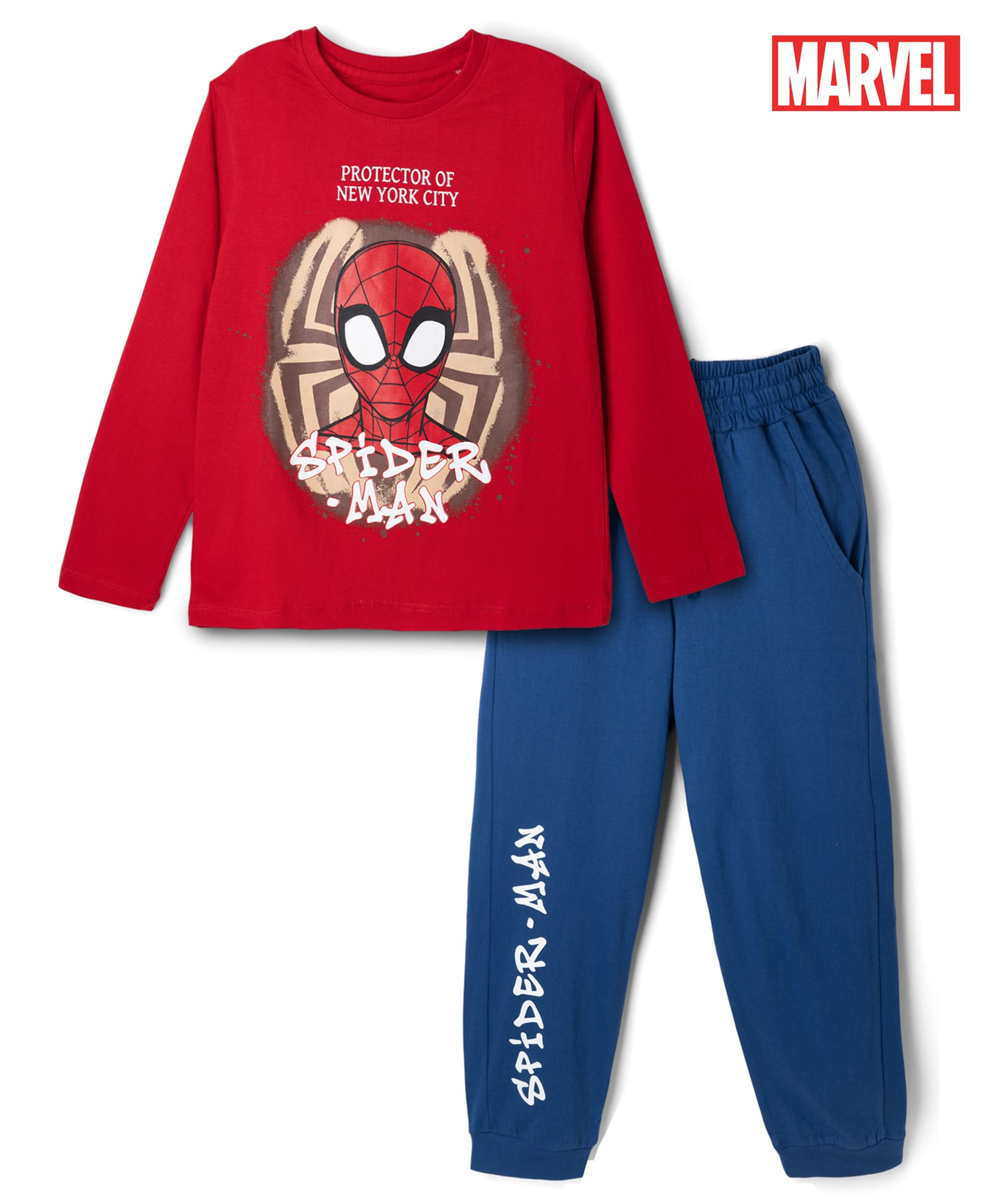 Pine Kids Marvel Single Jersey Knit Full Sleeves T-Shirt & Pyjama Night Suit Set With Spider Man Graphic &Text Print - Red & Blue-image-45