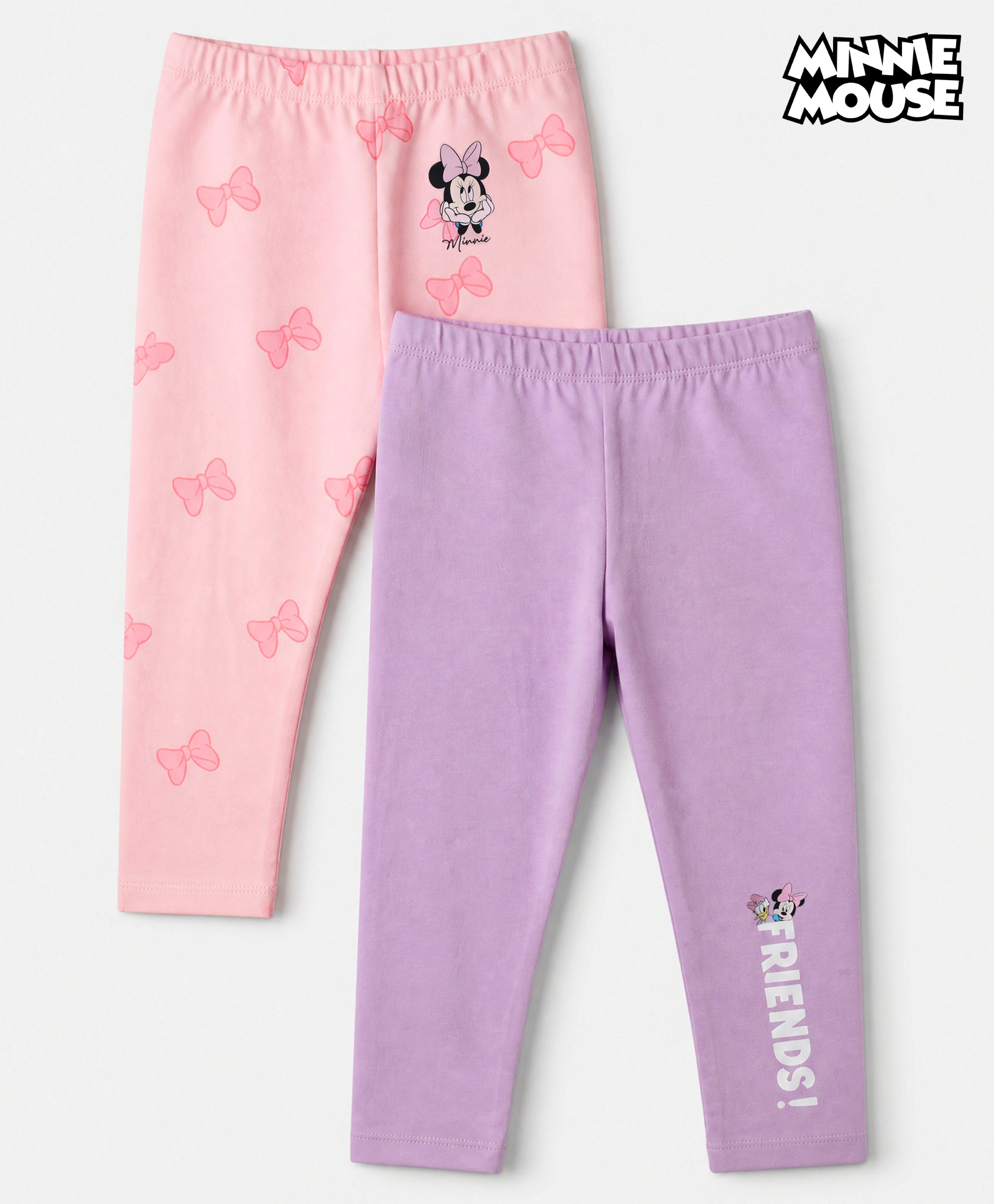 babyhug disney Babyhug Lycra Knit Full Length Leggings Bow And Friends Text Print Pack Of 2 - Pink & Purple-picture-31