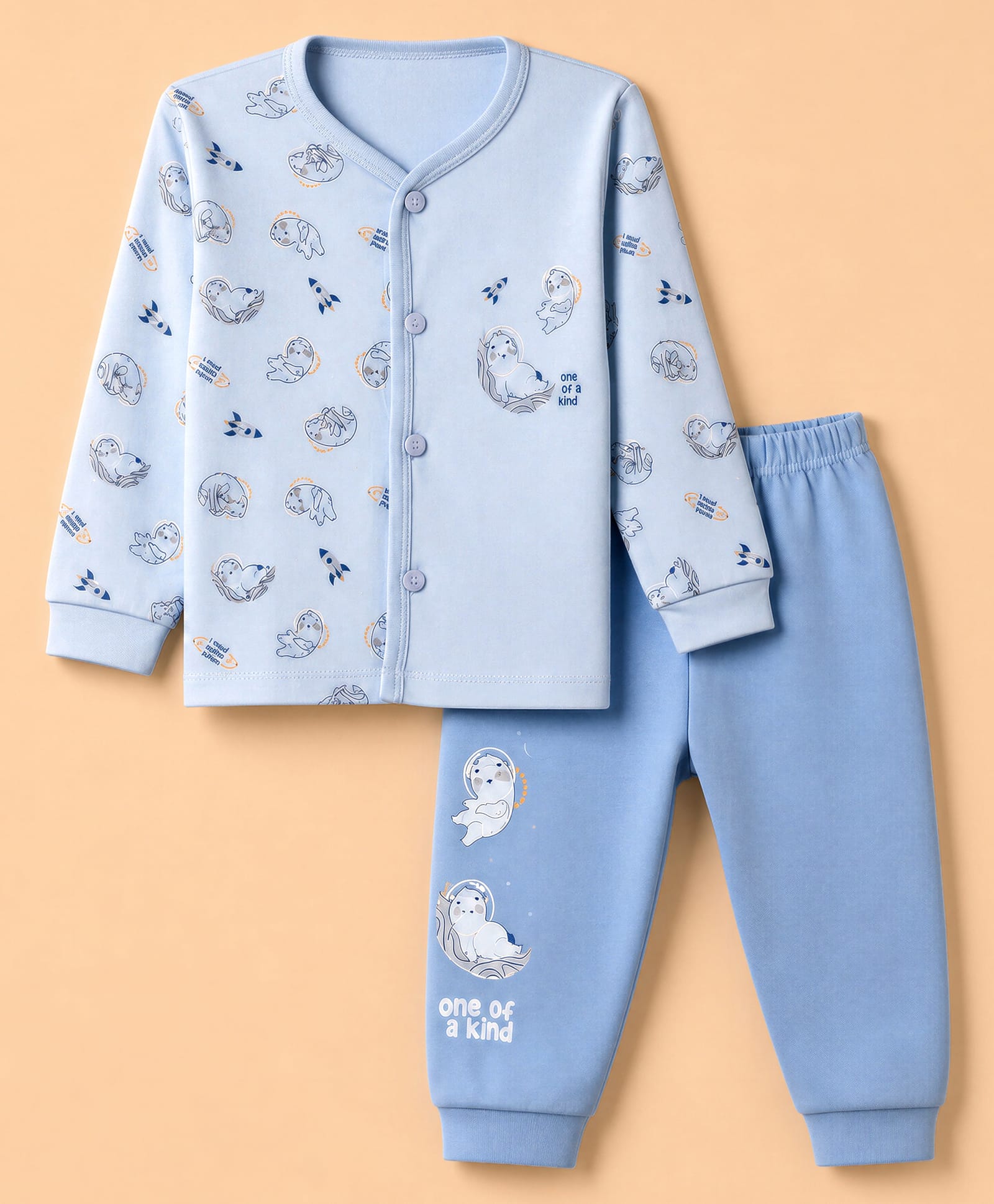 CUCUMBER Sinker Knit Full Sleeves T-Shirt & Pyjama Night Suit with Bear & Rocket Print - Sky Blue-image-36