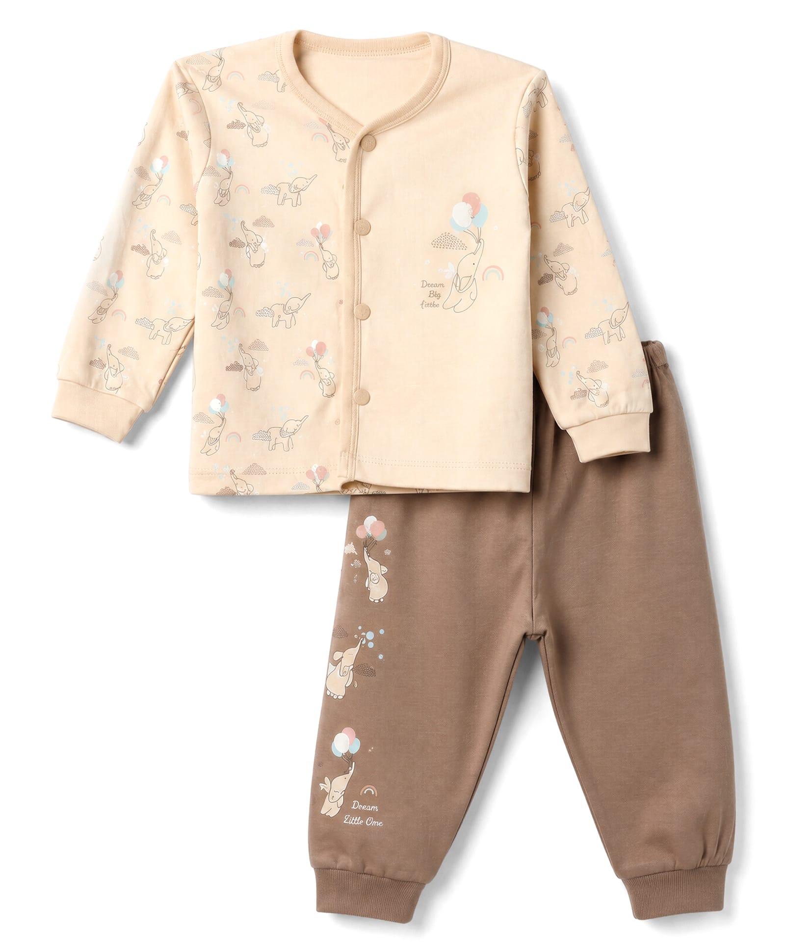 CUCUMBER Sinker Knit Full Sleeves T-Shirt & Pyjama Night Suit with Elephant Print - Ivory-image-34