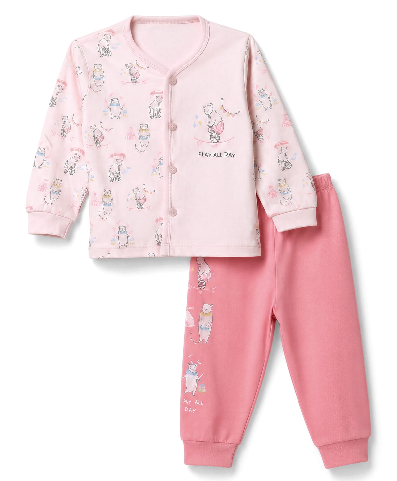 CUCUMBER Sinker Knit Full Sleeves T-Shirt & Pyjama Night Suit with Bear Print - Baby Pink-picture-45