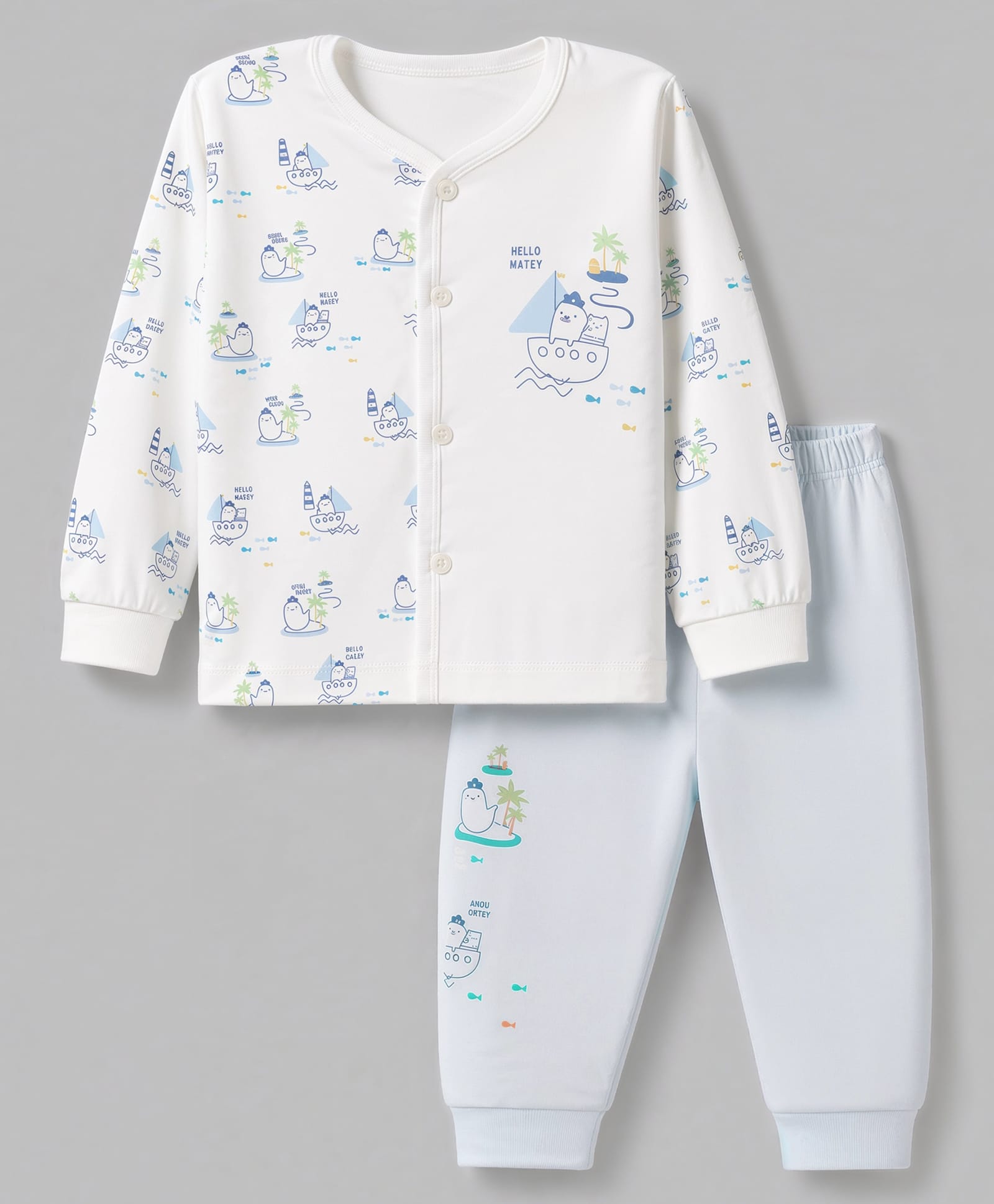 CUCUMBER Sinker Knit Full Sleeves T-Shirt & Pyjama Night Suit with Animal & Beach theme Print - White-picture-42
