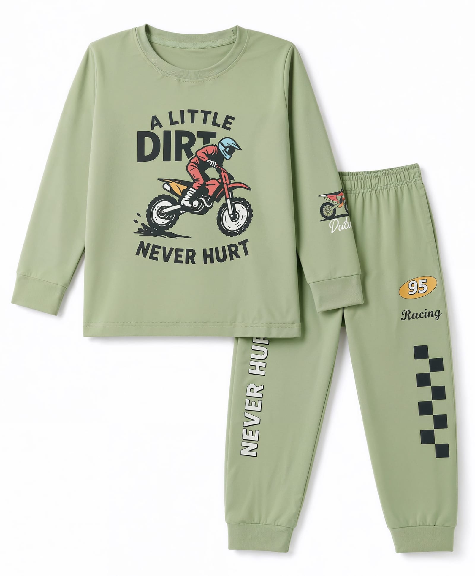 CUCUMBER Sinker Knit Full Sleeves T-Shirt & Joggers Set With Text Print - Olive Green-image-34