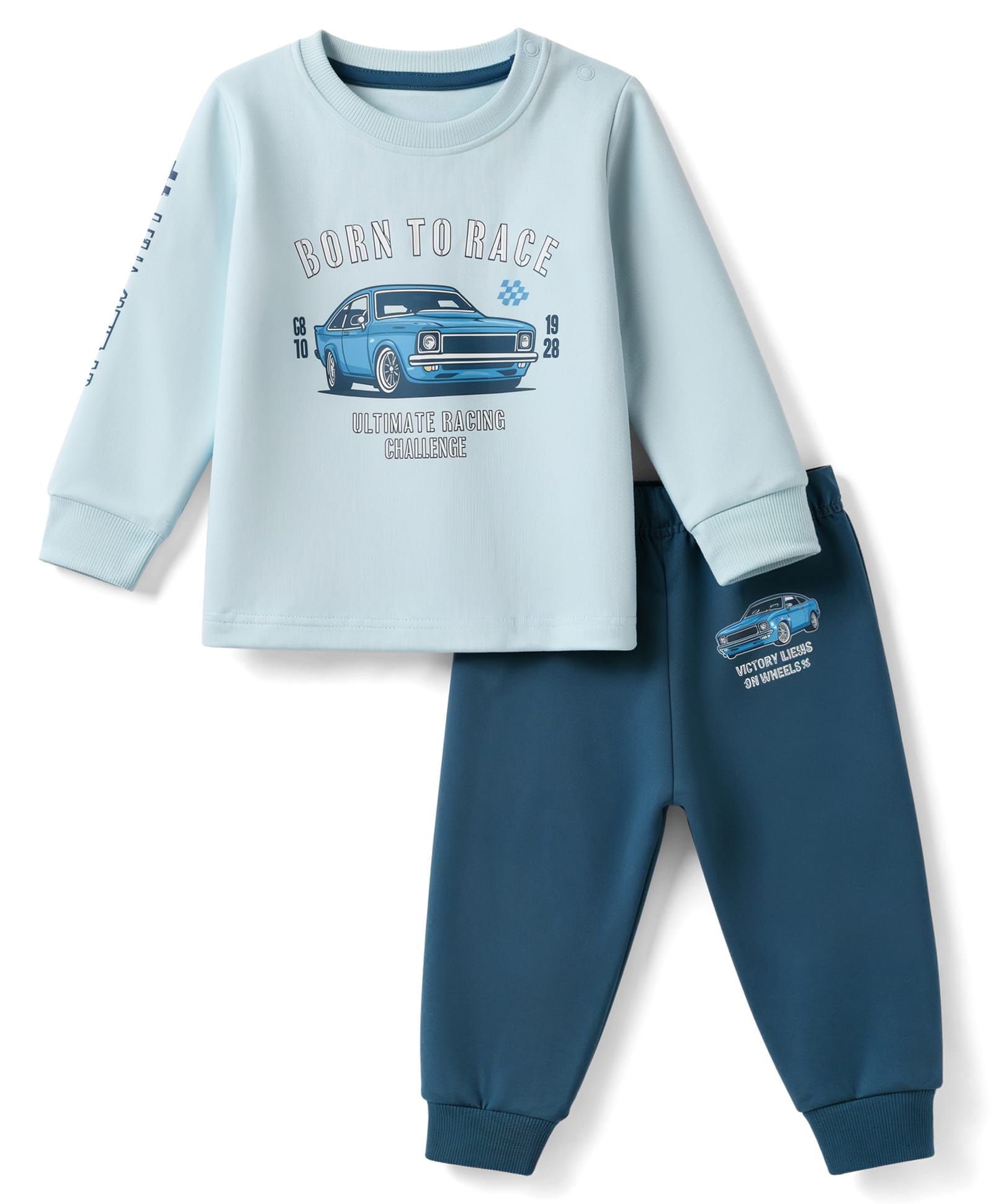 CUCUMBER Cotton Knit Full Sleeves Text & Car Printed T-Shirt & Joggers Set - Light Blue-picture-19