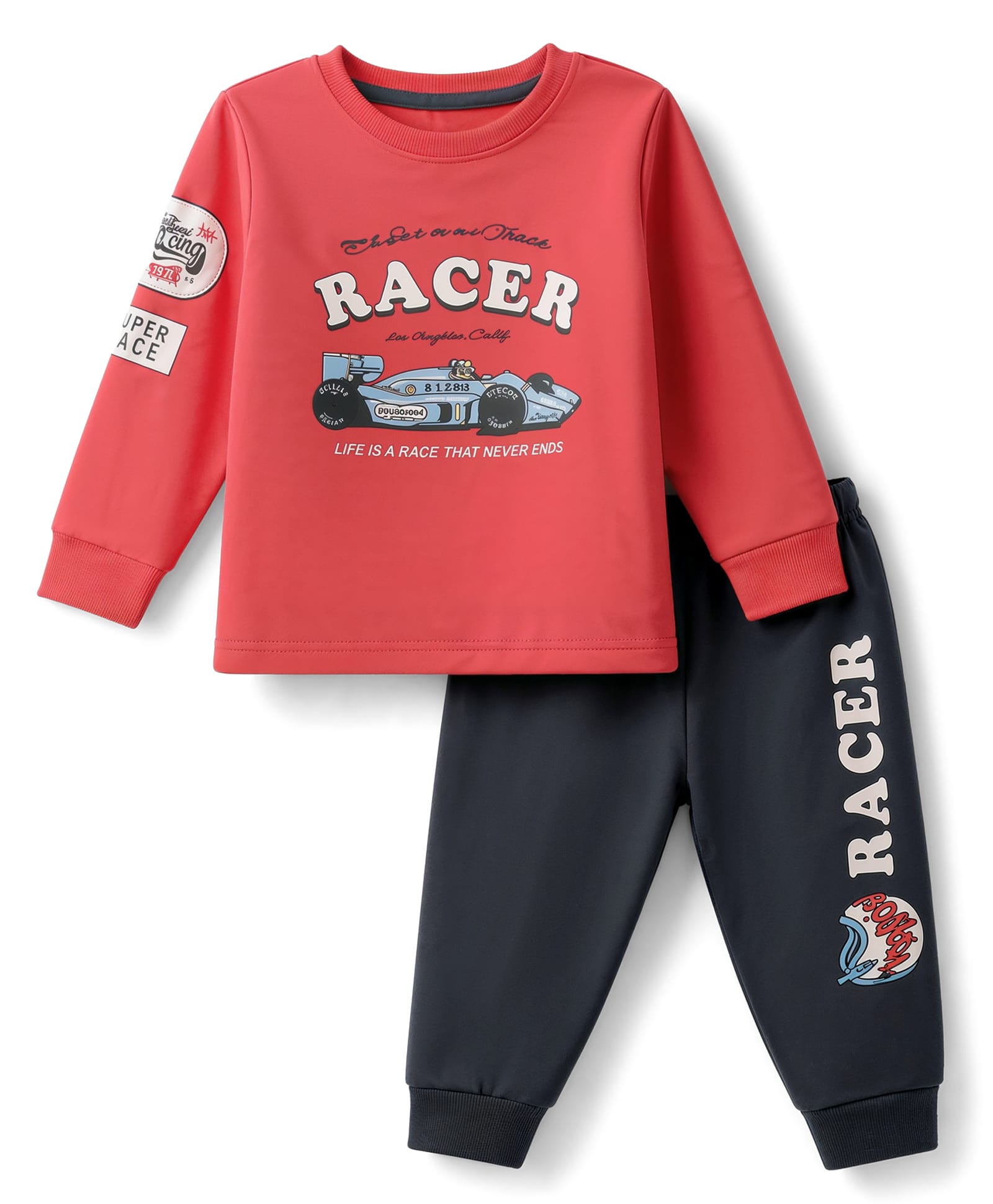 CUCUMBER Cotton Knit Full Sleeves T-Shirt With Text Print & Joggers Set - Dark Pink-picture-16