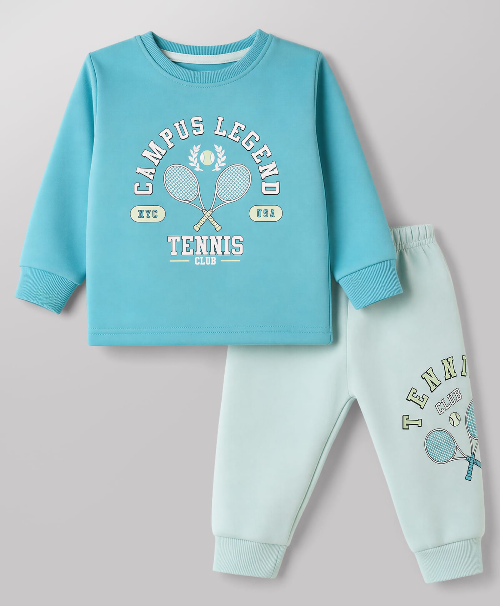 CUCUMBER Cotton Knit Full Sleeves T-Shirt & Joggers Set With Text Print - Aqua Blue-image-18