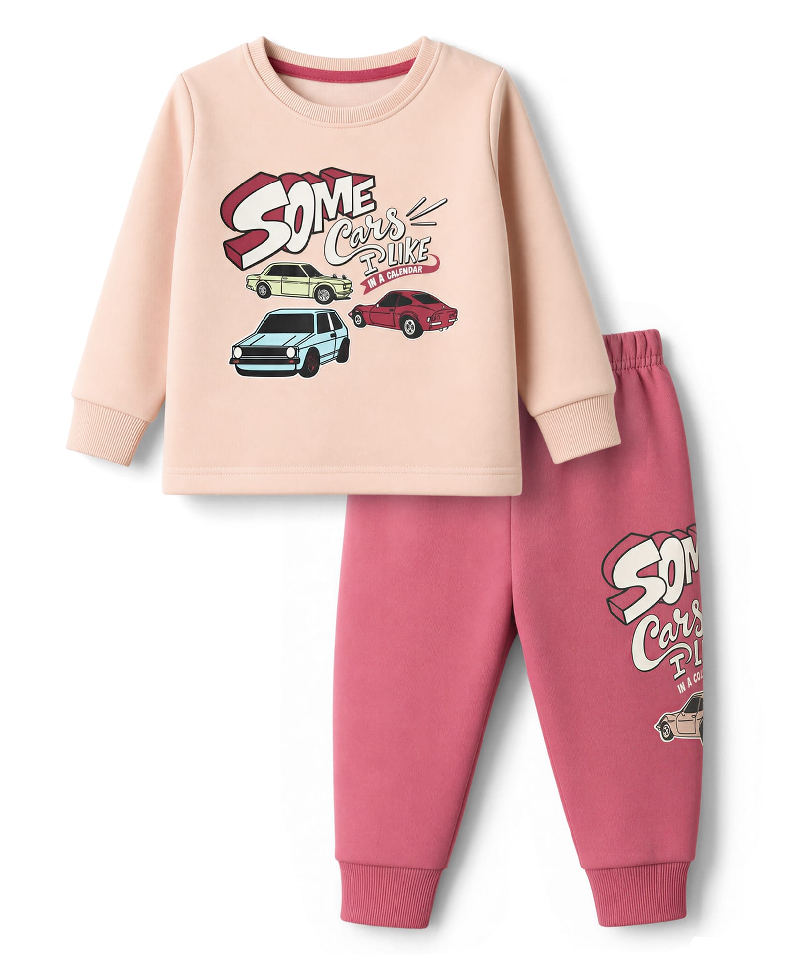 CUCUMBER Cotton Knit Full Sleeves T-Shirt & Joggers Set With Text Print - Pink-picture-40