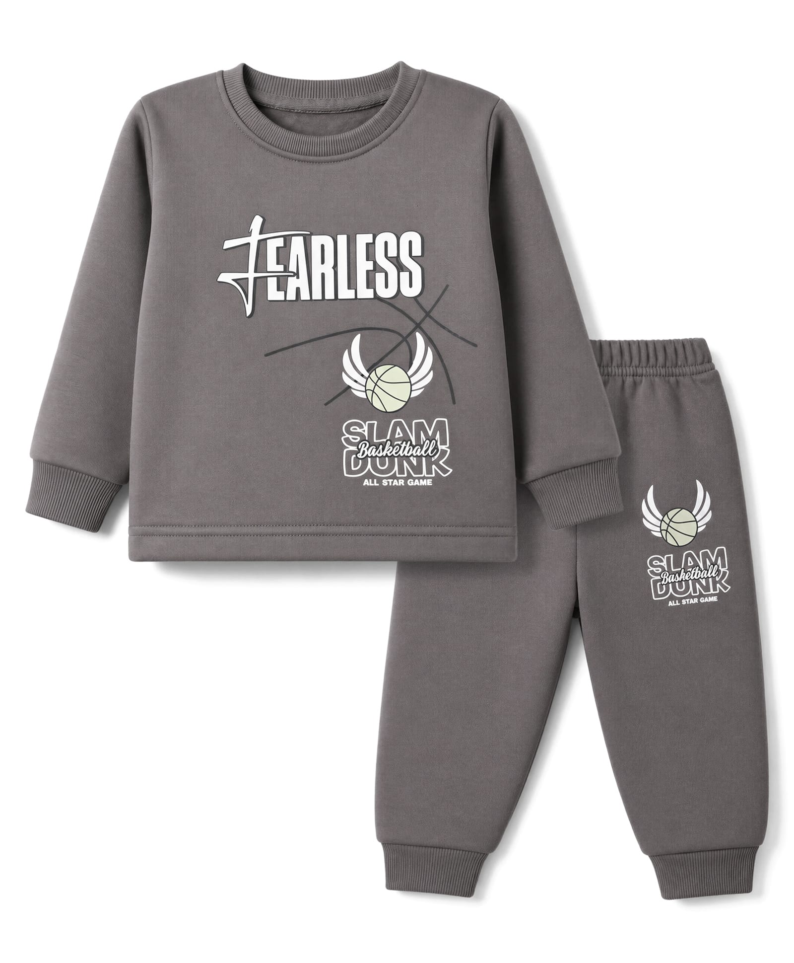CUCUMBER Cotton Knit Full Sleeves T-Shirt & Joggers Set With Fearless Text Print - Grey-picture-17