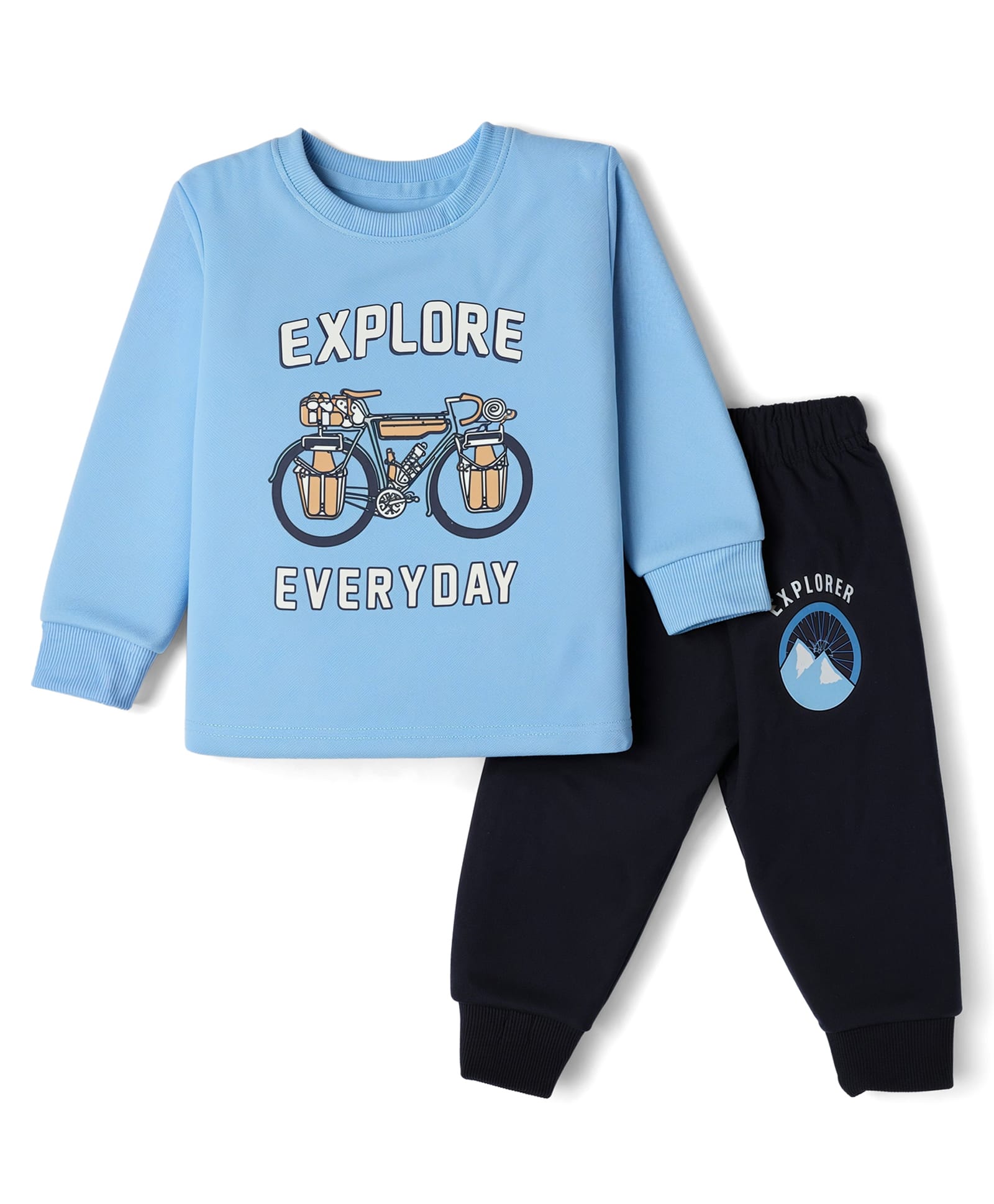 CUCUMBER Cotton Knit Full Sleeves T-Shirt & Joggers Set With Text Print - Light Blue-picture-14