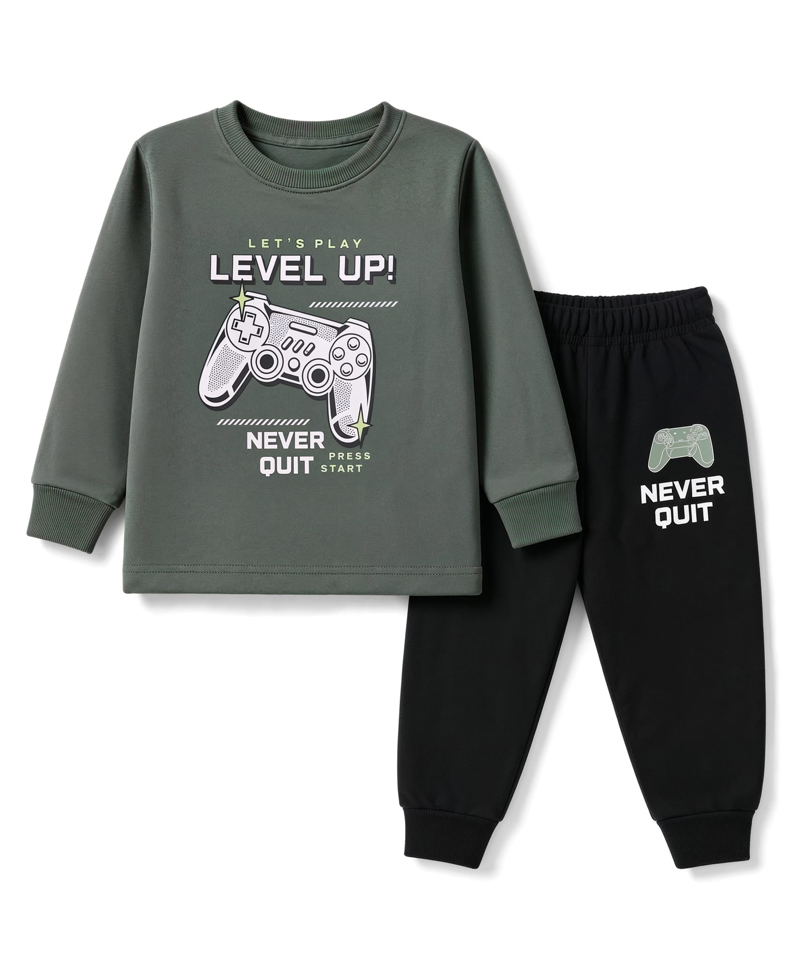 CUCUMBER Cotton Knit Full Sleeves T-Shirt & Joggers Set With Text Print - Dark Green-image-19