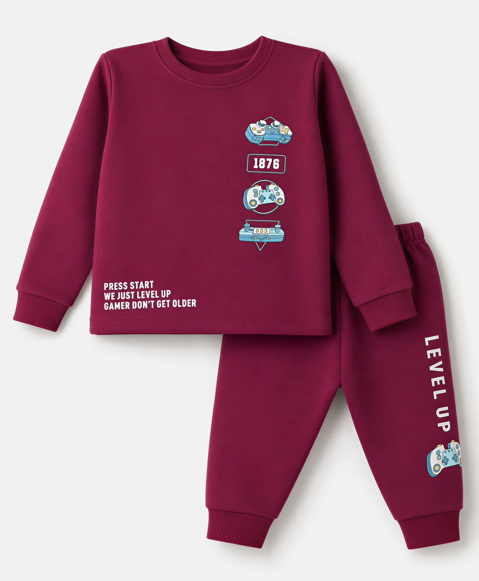 CUCUMBER Cotton Knit Full Sleeves T-Shirt & Joggers Set With Text Print - Maroon-picture-44