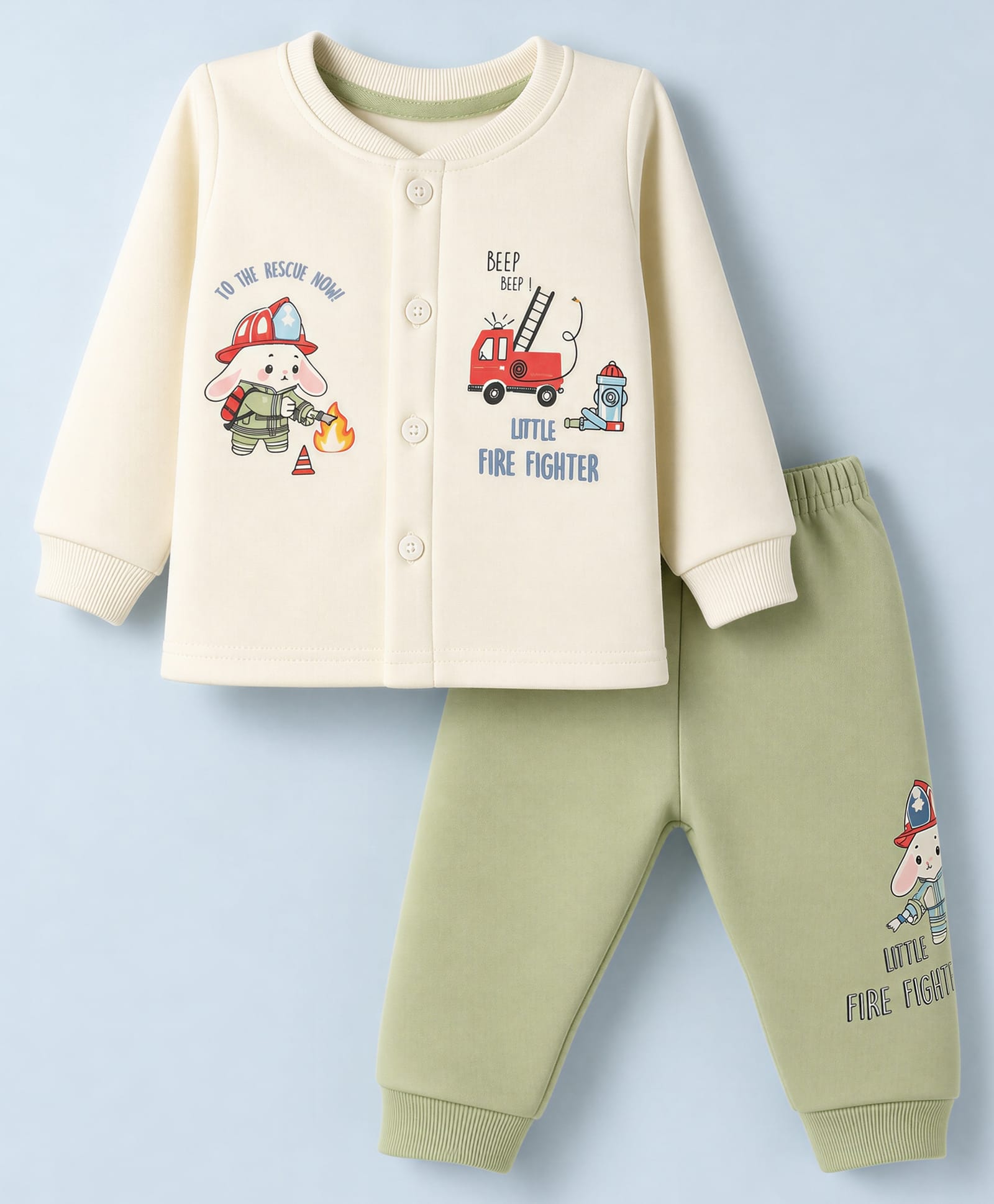 CUCUMBER Cotton Knit Full Sleeves T-Shirt & Joggers Set With Vehicle & Teddy Print - Cream-picture-38