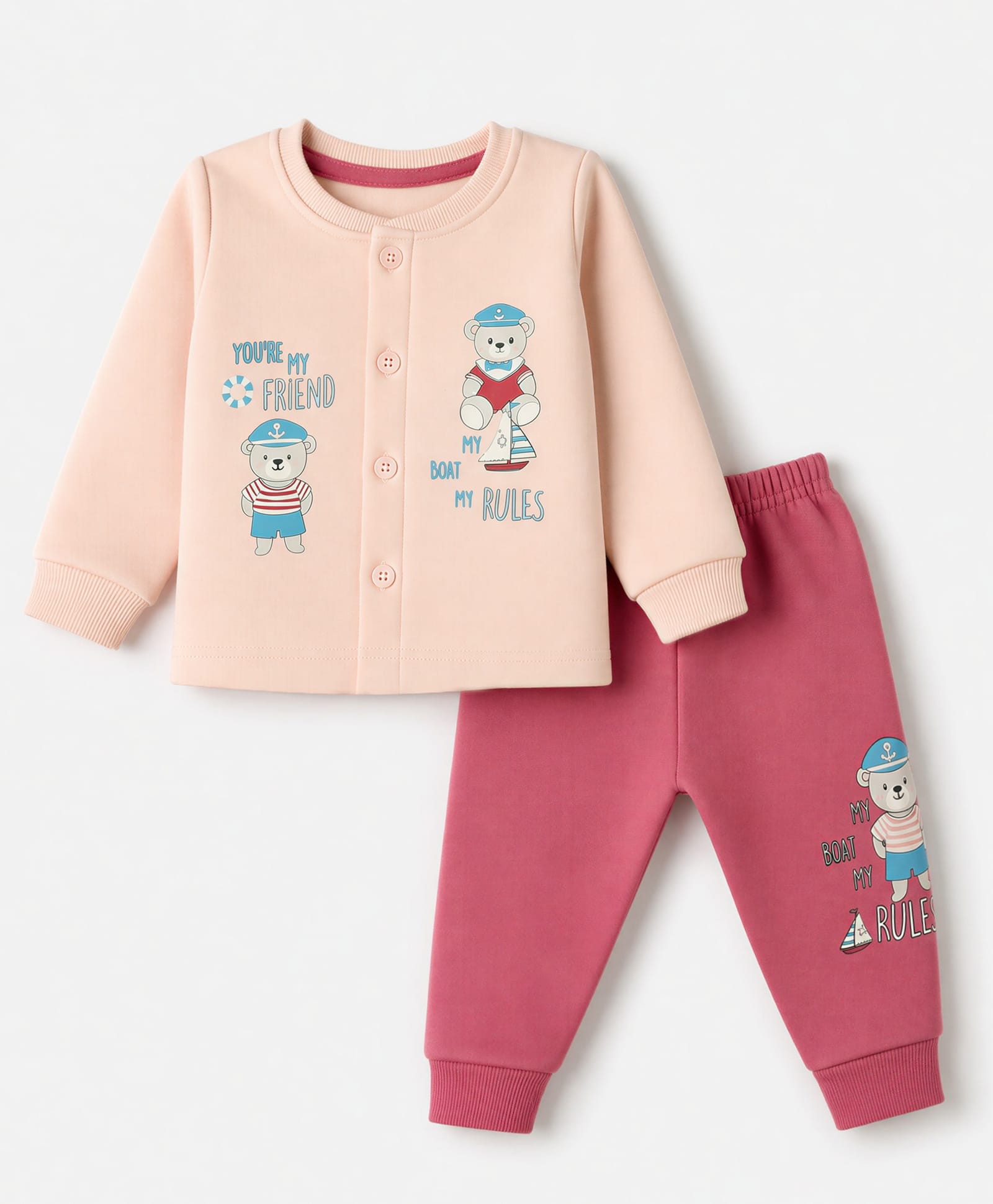 CUCUMBER Cotton Knit Full Sleeves T-Shirt & Joggers Set With Teddy Bear Print - Pink-picture-31