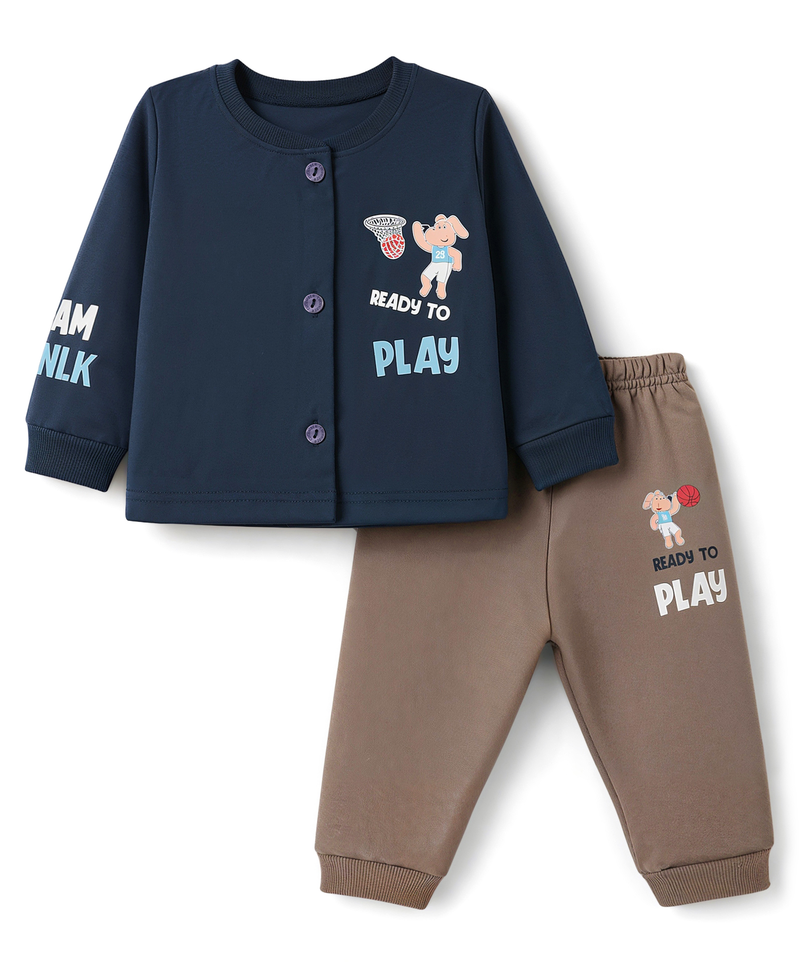 CUCUMBER Cotton Knit Full Sleeves T-Shirt and Jogger Set With Text & Animal Print - Navy-picture-15