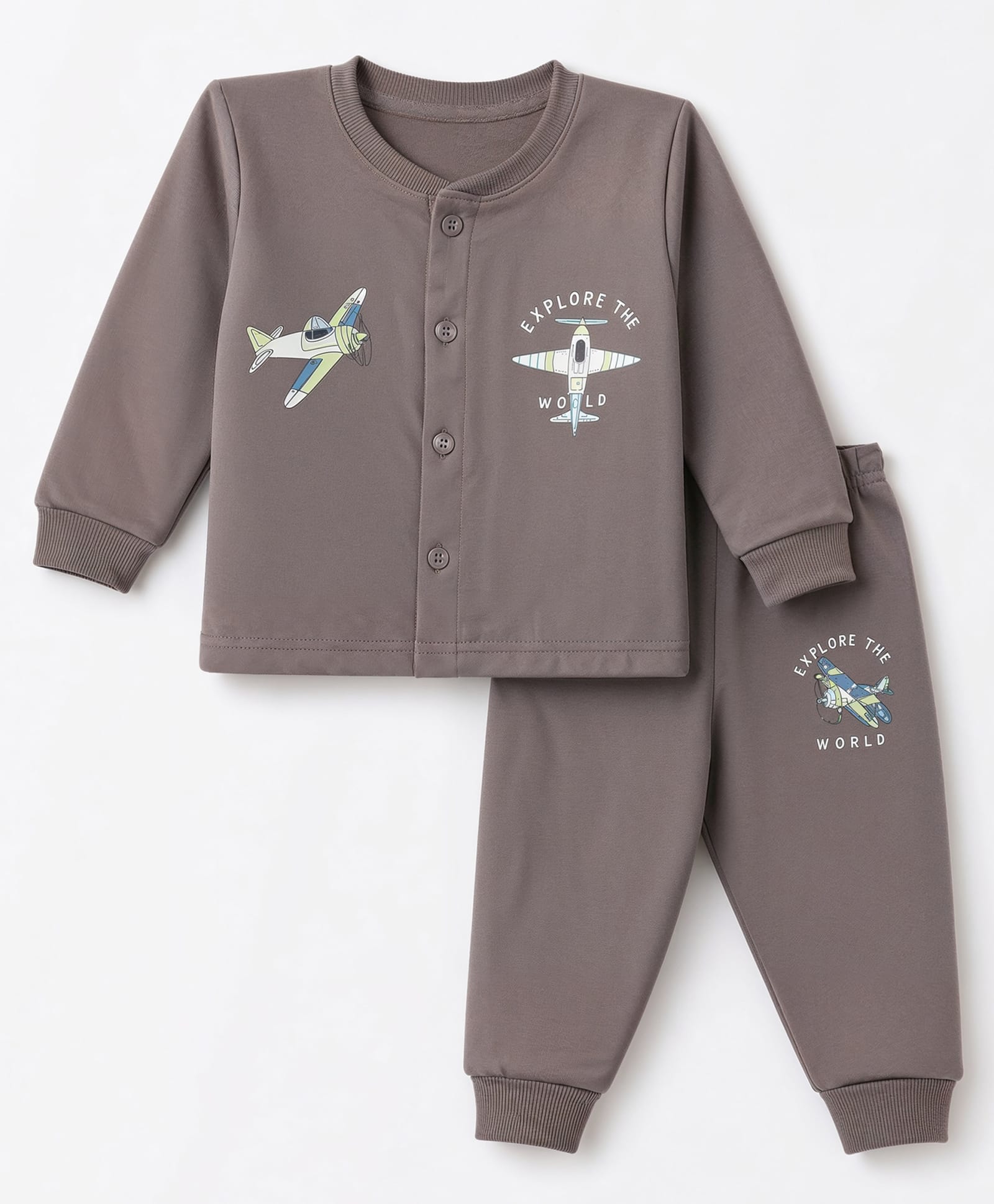 CUCUMBER Cotton Knit Full Sleeves T-Shirt & Joggers Set With Airplane & Text Print - Grey-picture-47
