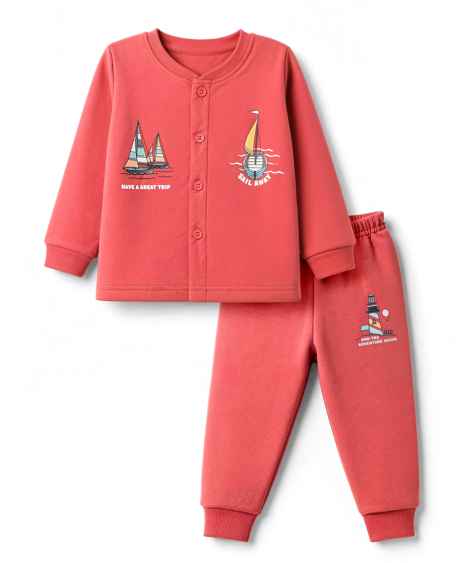 CUCUMBER Cotton Knit Full Sleeves T-Shirt With Boat & Text Print & Joggers Set - Red-picture-19
