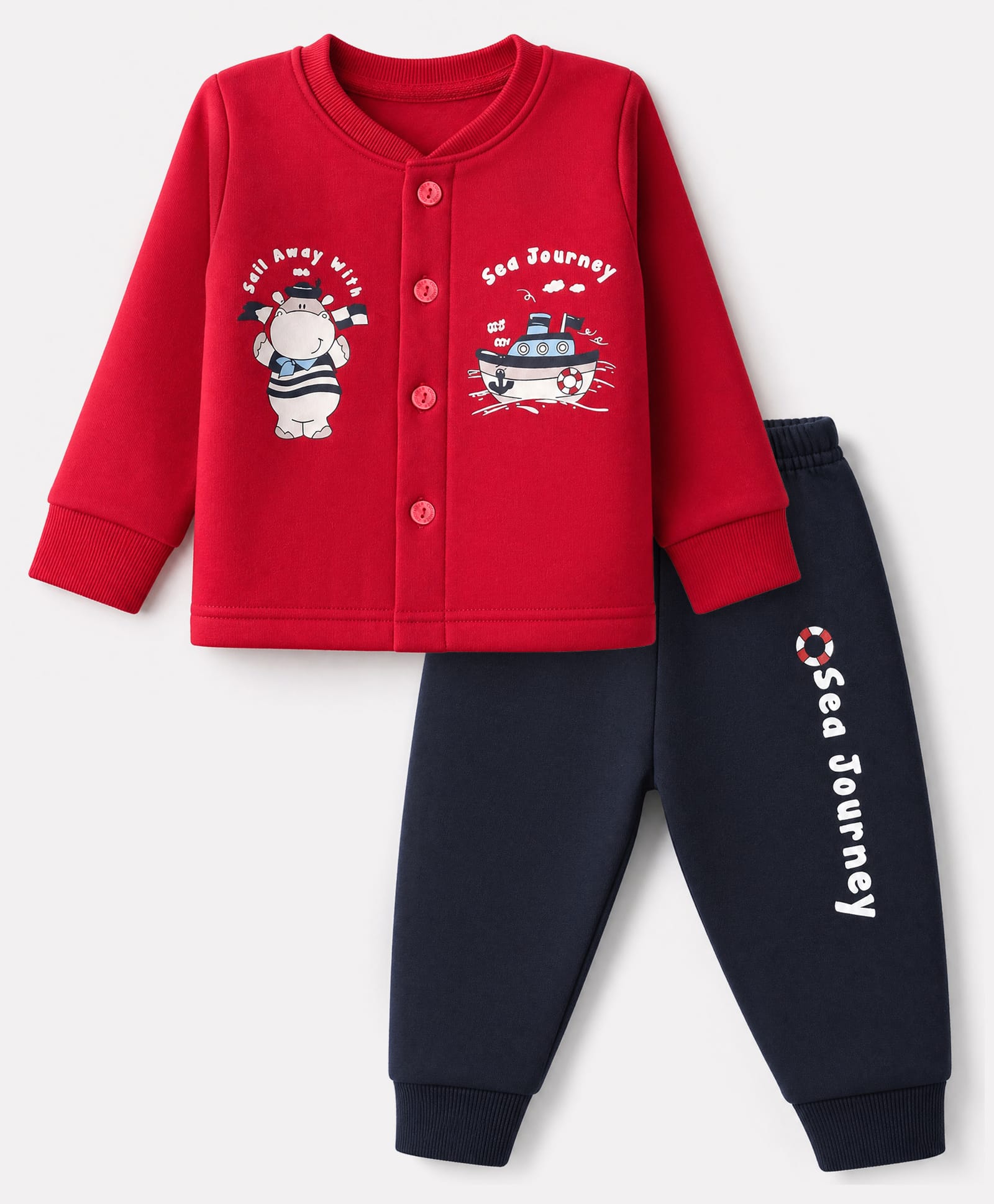 CUCUMBER Cotton Knit Full Sleeves T-Shirt With Animal & Boat Print & Joggers Set - Red-picture-13