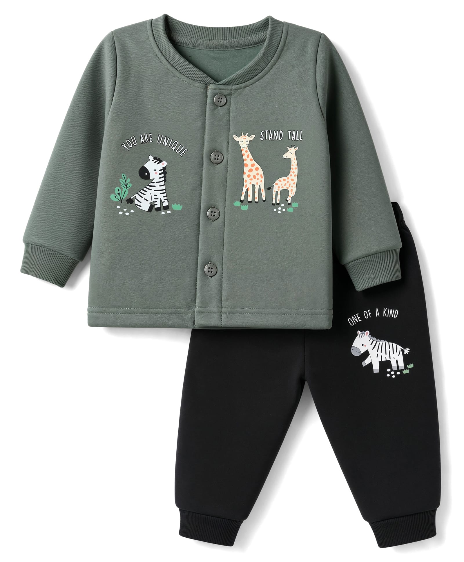 CUCUMBER Cotton Knit Full Sleeves T-Shirt & Joggers Set With Text & Animal Print - Green-picture-36