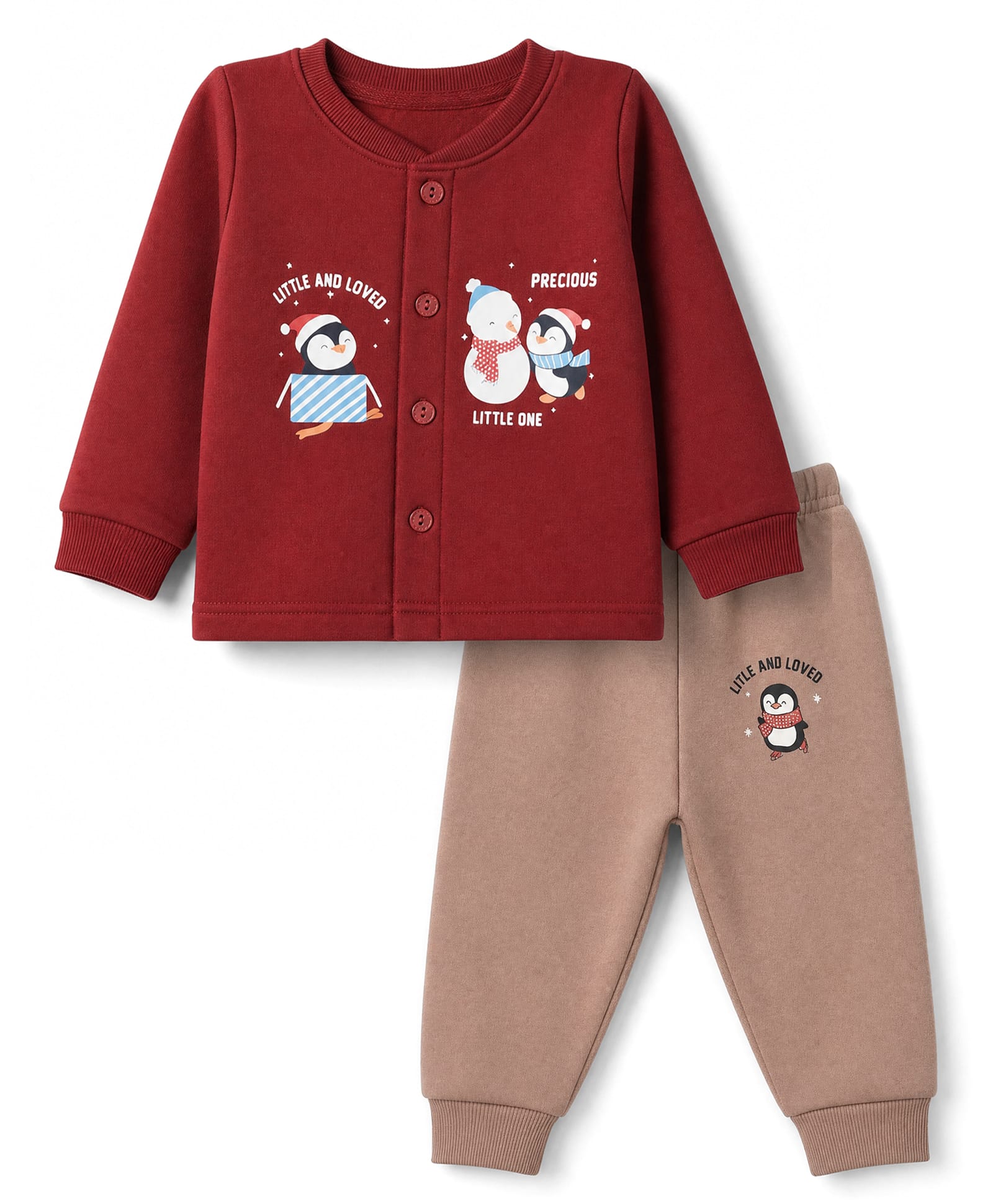CUCUMBER Cotton Knit Full Sleeves T-Shirt With Penguin Print & Joggers Set - Dark Red-image-22