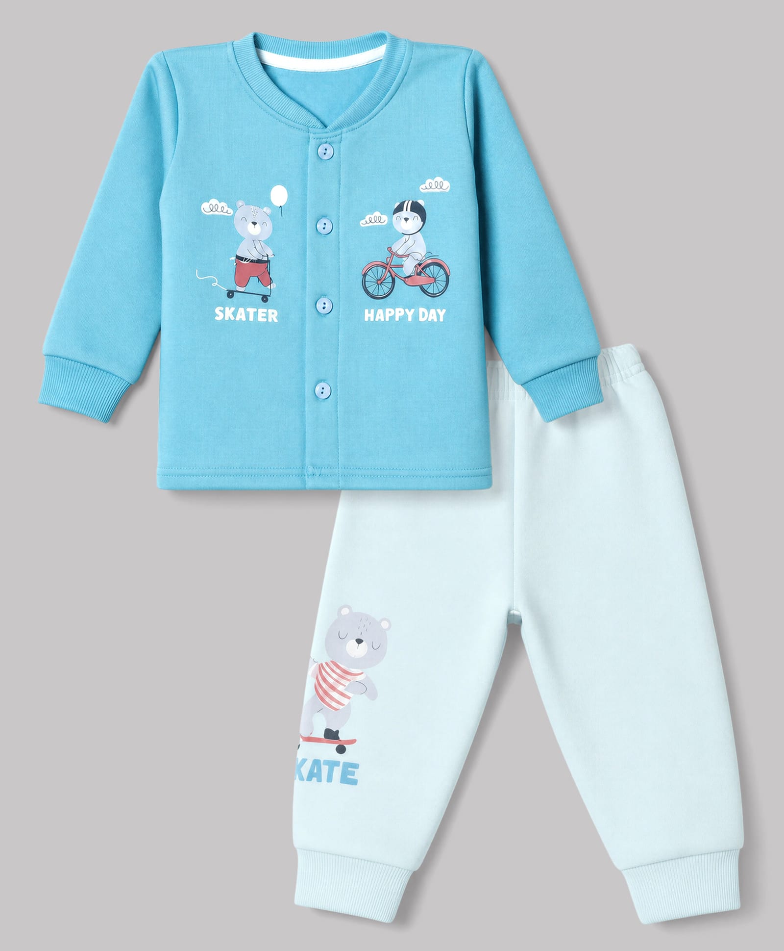 CUCUMBER Cotton Knit Full Sleeves T-Shirt & Joggers Set With Animal & Text Print - Aqua-picture-27