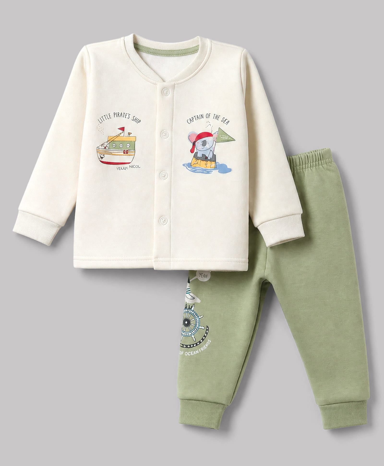 CUCUMBER Cotton Knit Full Sleeves T-Shirt & Joggers Set With Text Print - Cream & Olive Green-picture-14