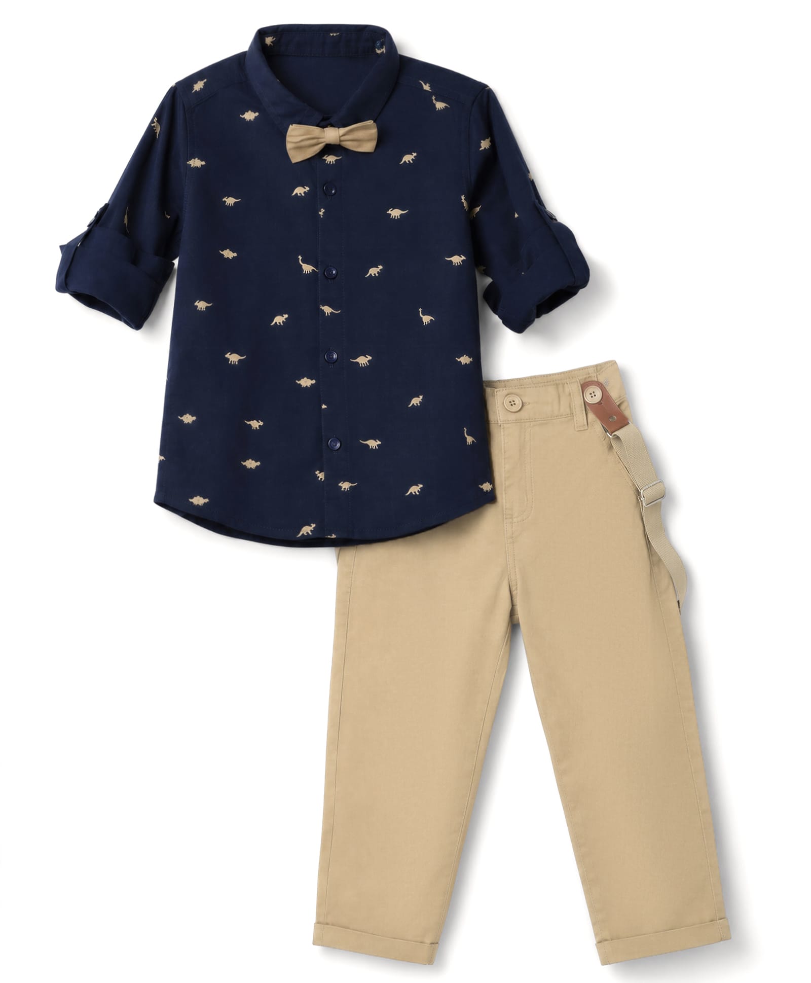 Mark & Mia Cotton Lycra Woven Full Sleeves Dino Printed Shirt & Trouser Set With Bow & Suspender Detailing - Navy Blue & Tan-picture-26