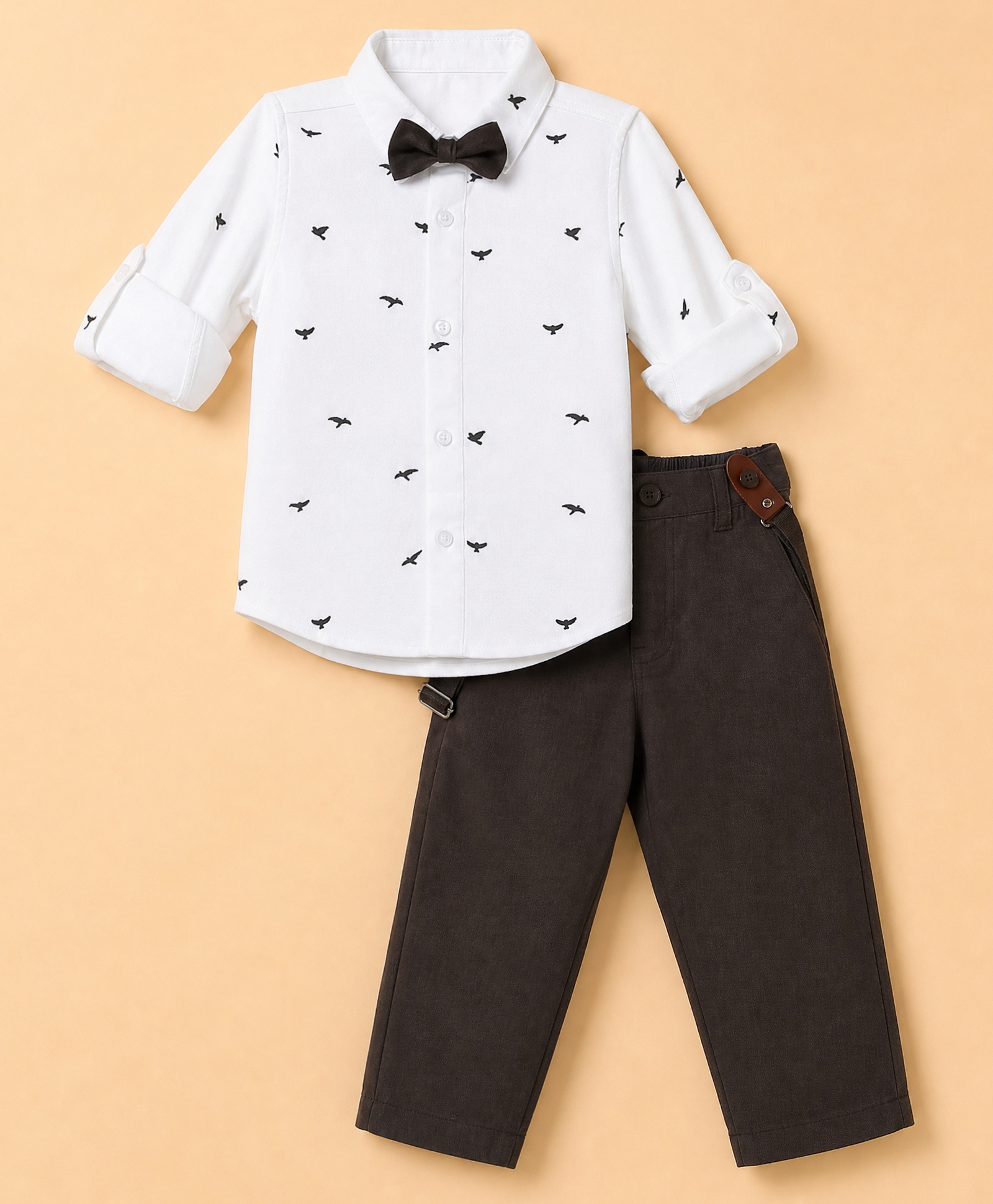Mark & Mia Cotton Lycra Woven Full Sleeves Bird Printed Party Shirt & Trouser Set With Bow & Suspender Detailing - White & Brown-picture-21