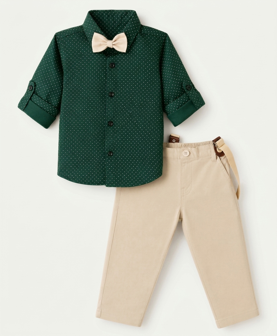 Mark & Mia Cotton Lycra Woven Full Sleeves Polka Dot Printed Shirt & Trouser Set With Bow & Suspender Detailing - Black & Tan-image-47