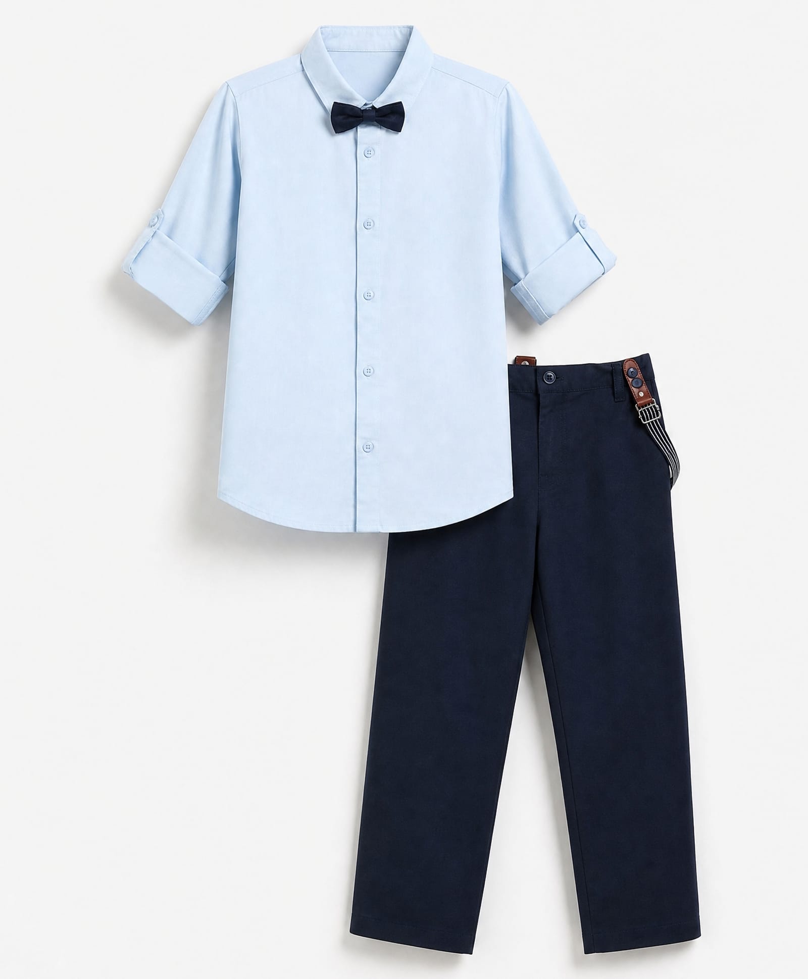 Mark & Mia Cotton Lycra Woven Full Sleeves Solid Shirt & Trouser Set With Bow & Suspender - Light Blue-picture-18