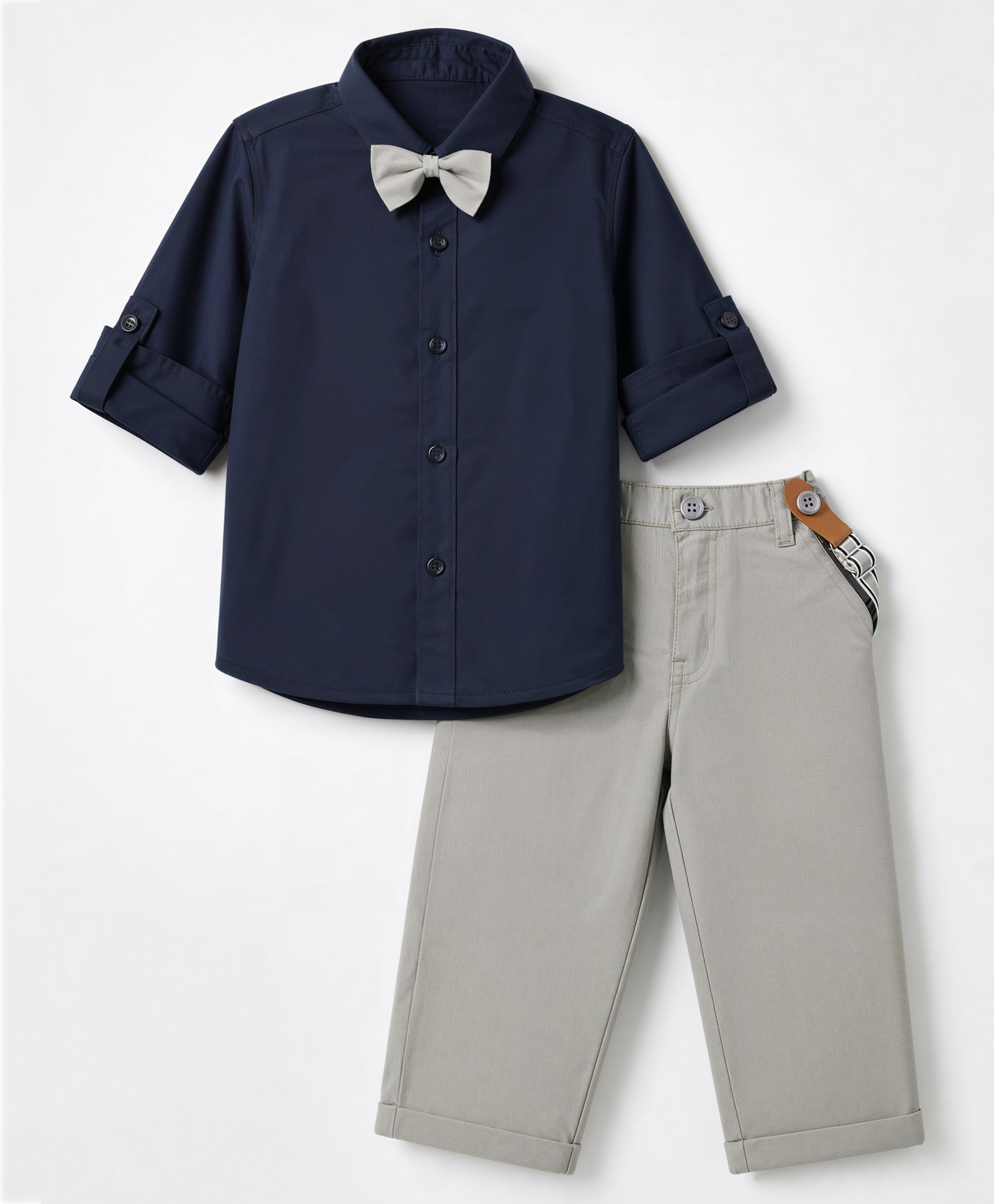 Mark & Mia Cotton Lycra Woven Full Sleeves Solid Shirt & Trouser Set With Bow & Suspender - Navy Blue-picture-23