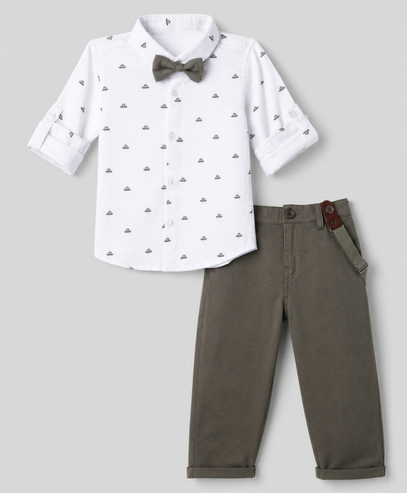 Mark & Mia Cotton Lycra Woven Full Sleeves Boat Printed Shirt & Trouser Set With Bow & Suspender Detailing - White-picture-25