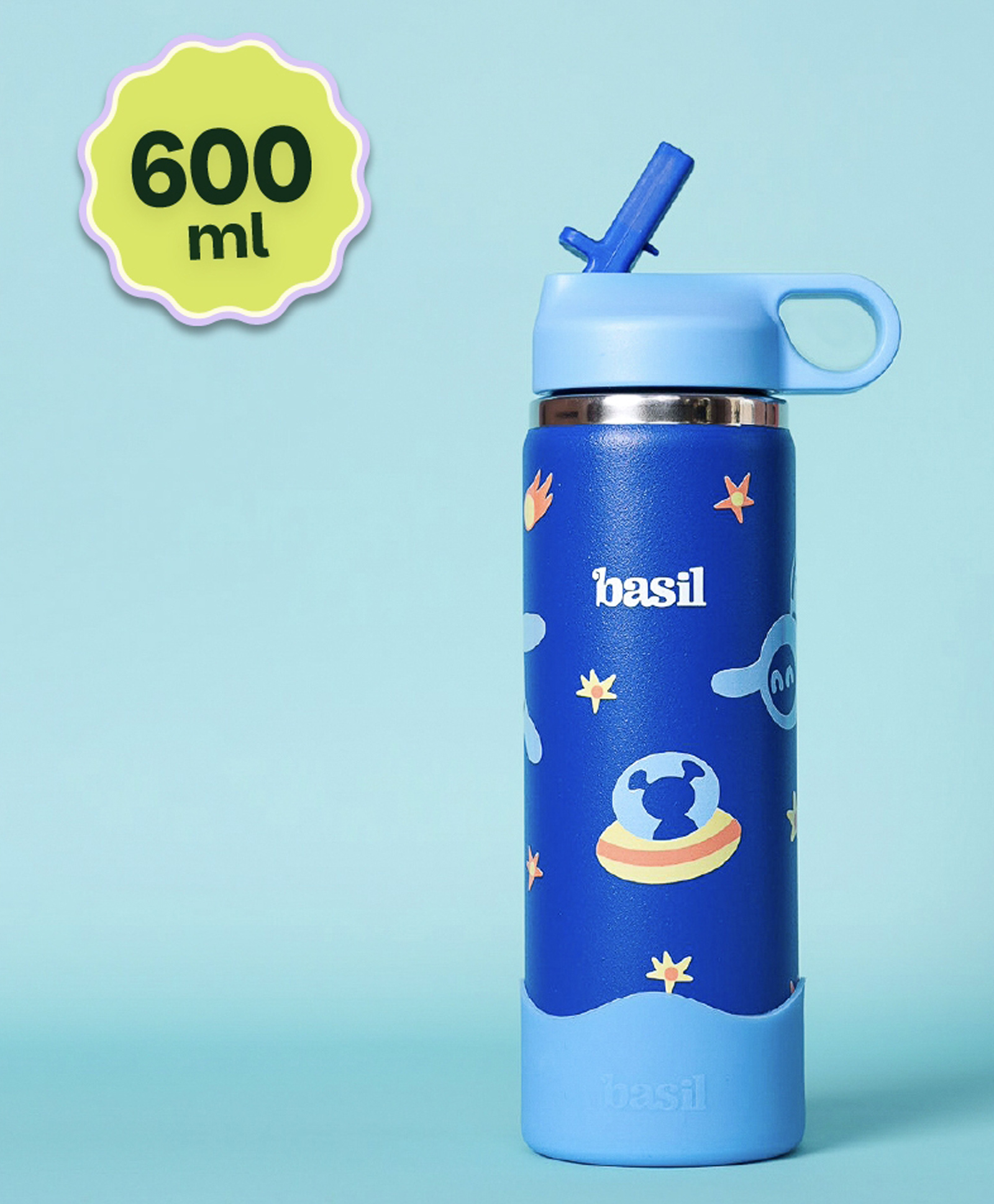 Basil HydraPop Insulated Stainless Steel Water Bottle with Flip Straw & Loop Handle - Super Swoosh- 600ml-image-28
