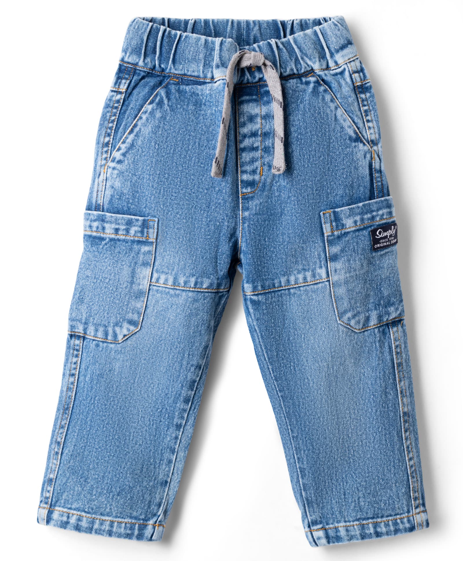 Simply Premium Knit Full Length Dark Wash Denim Jeans With Cargo Pockets - Light Blue-picture-19