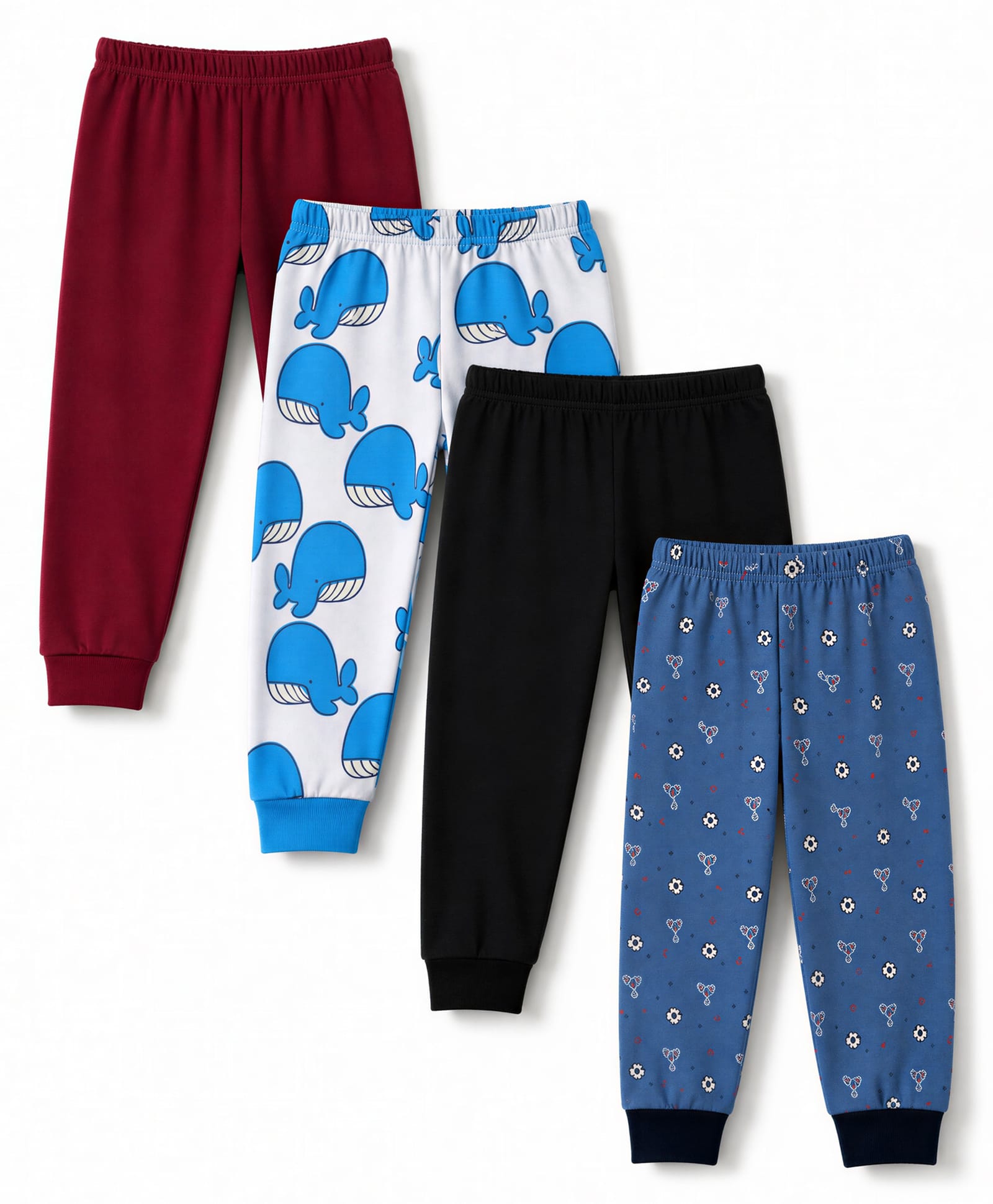 Junior Star Pack Of 4 Whale & Football Theme Printed & Solid Pyjamas - Blue Maroon Black & Blue-picture-12