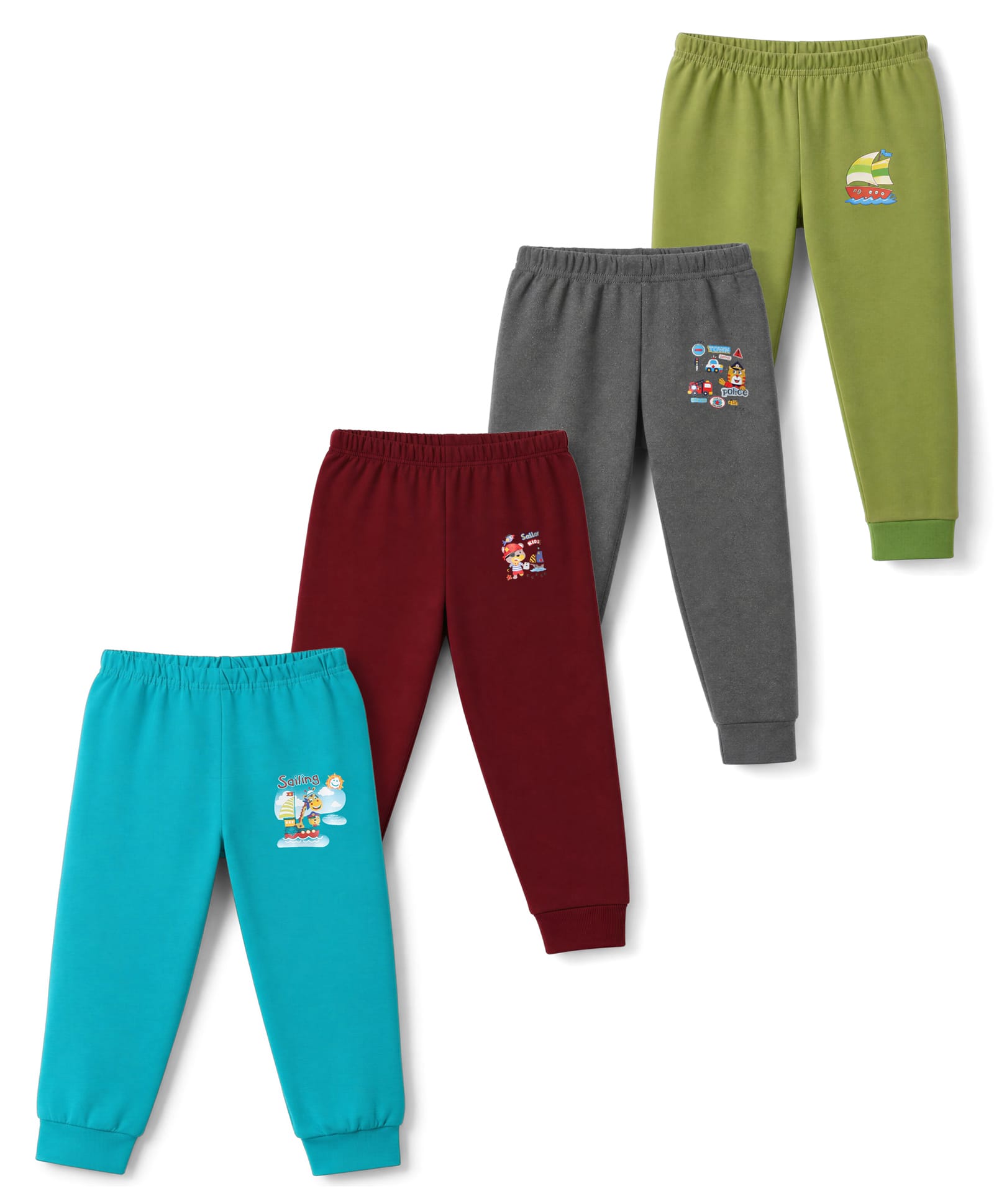 Junior Star Pack Of 4 Giraffe Pirate Bear & Ship Printed Pyjamas - Maroon Green Grey & Rama Green-image-0