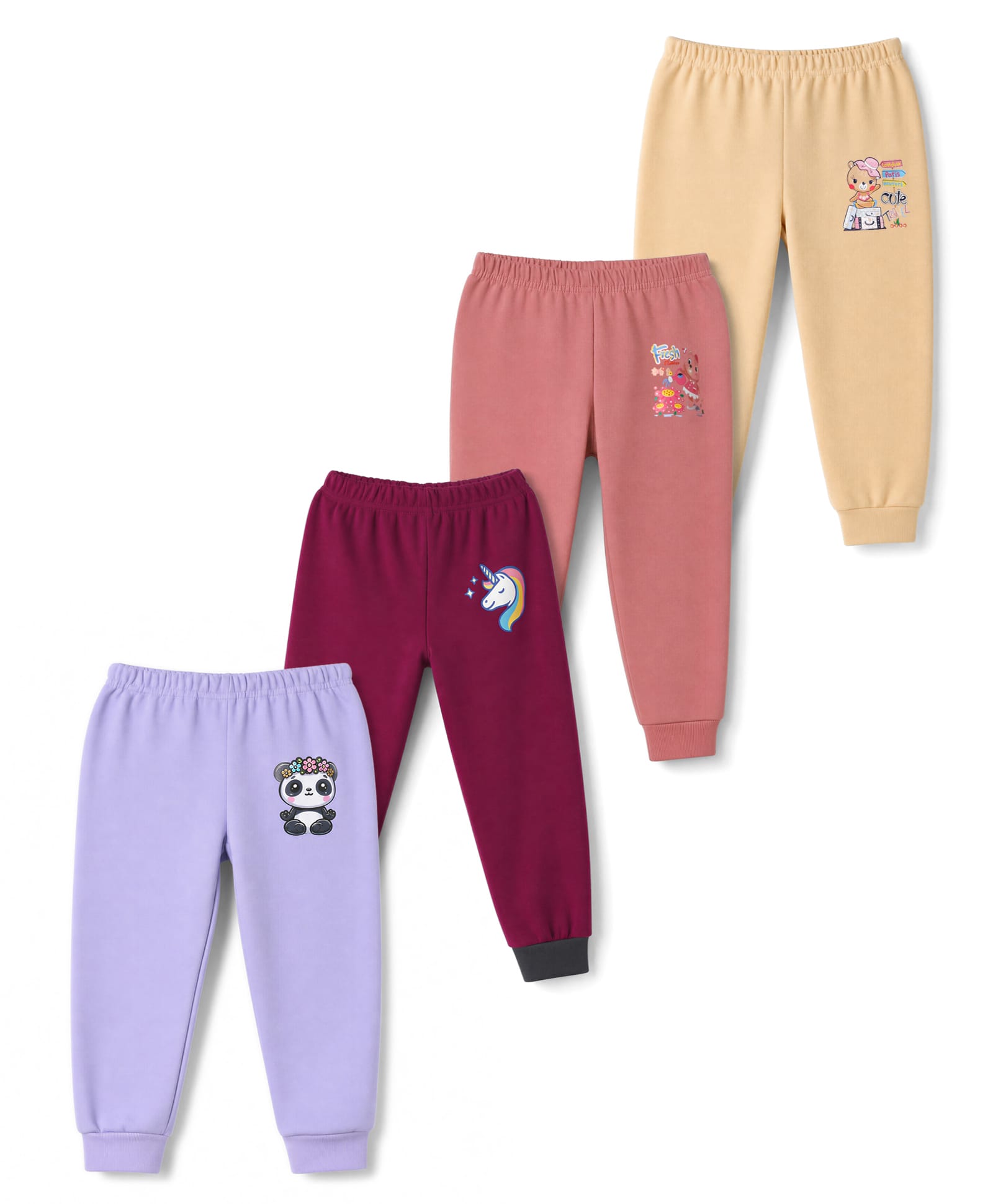 Junior Star Pack Of 4 Panda Unicorn & Bear Printed Pyjamas - Yellow Pink Dark Pink & Purple-picture-15