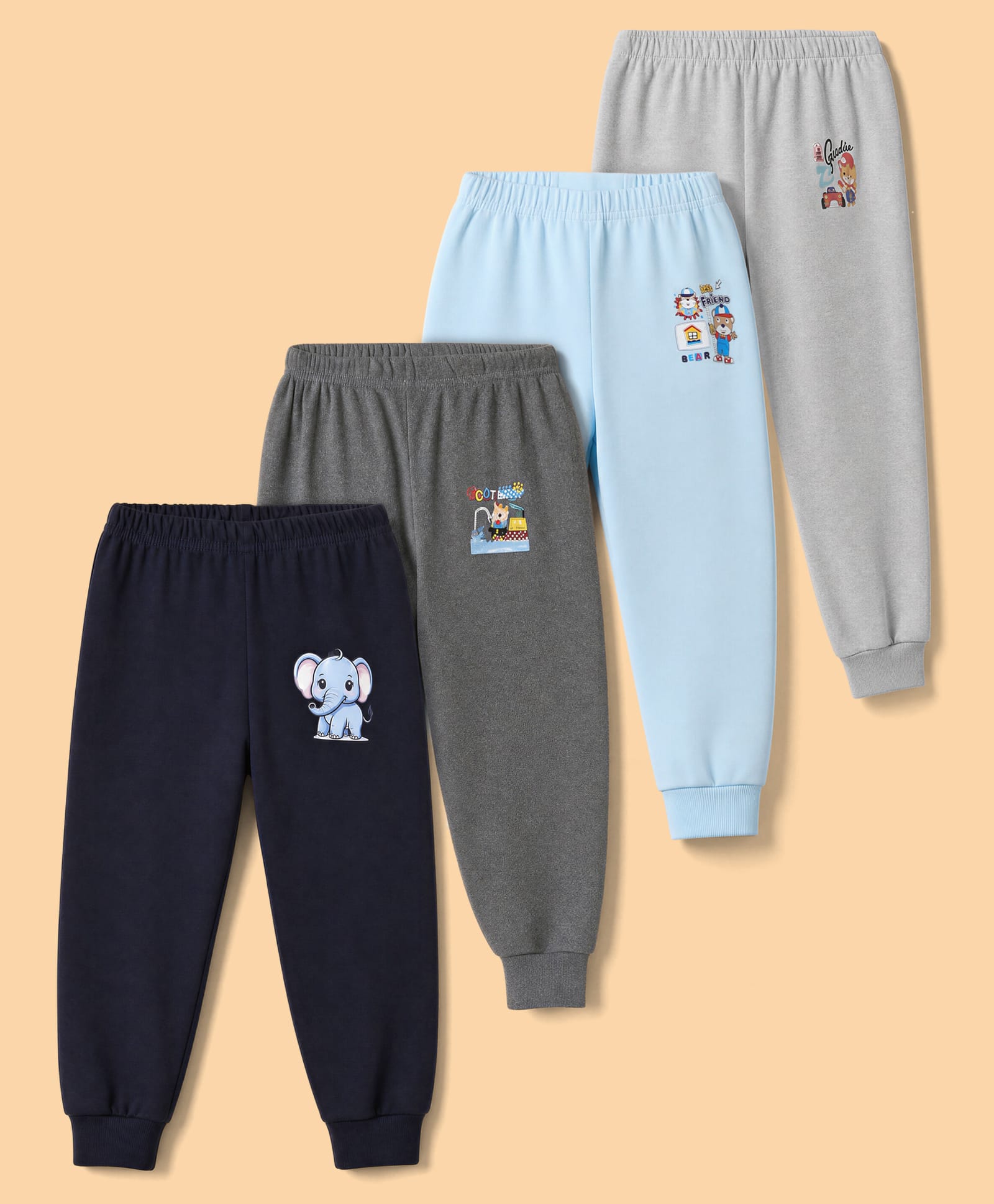 Junior Star Pack Of 4 Elephant & Bears Printed Pyjamas - Blue Grey Navy Blue & Grey-image-4